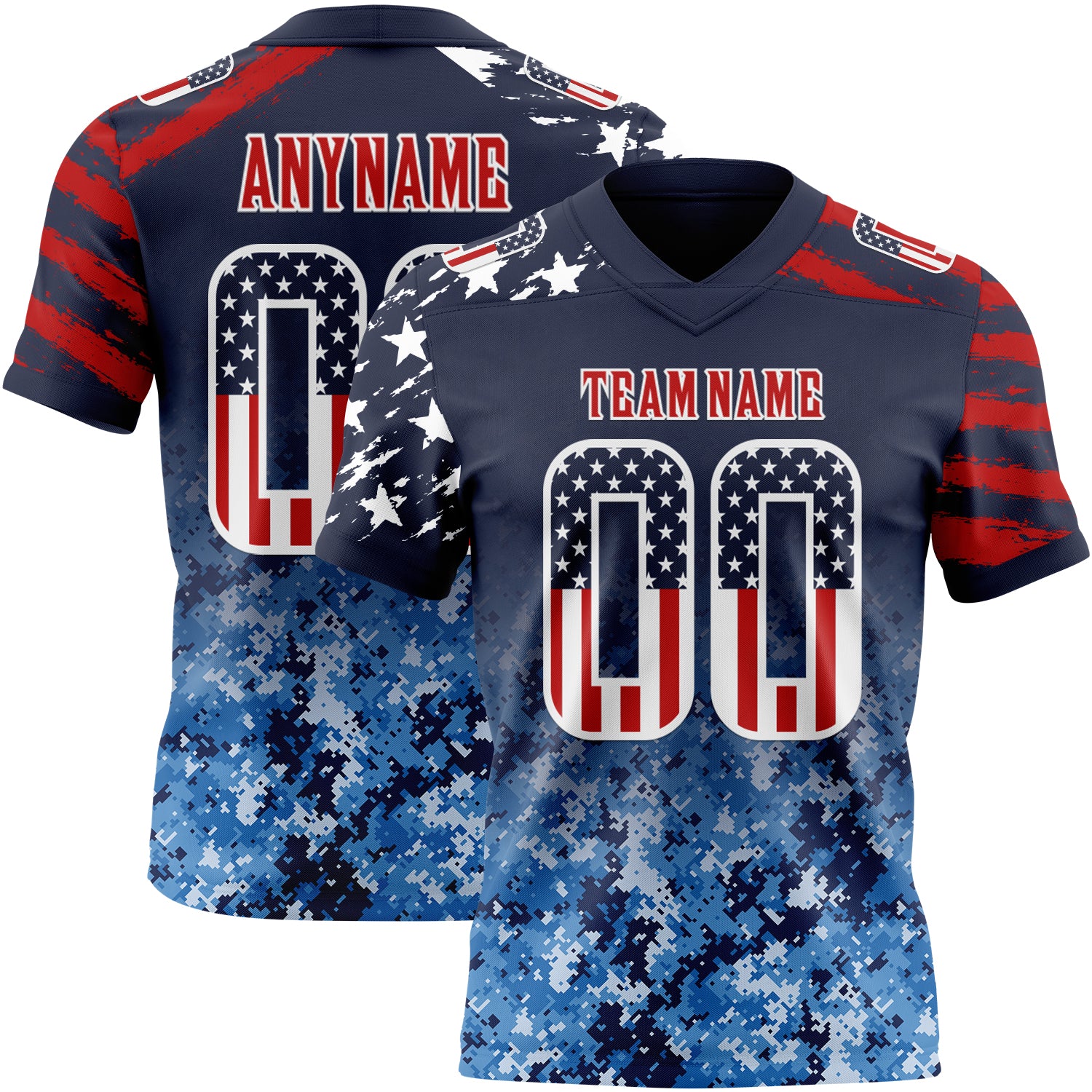 Custom Navy USA Flag Camo White-Red Authentic Gradient Digital Camouflage Stars & Stripes Raglan Sleeves Football Jersey