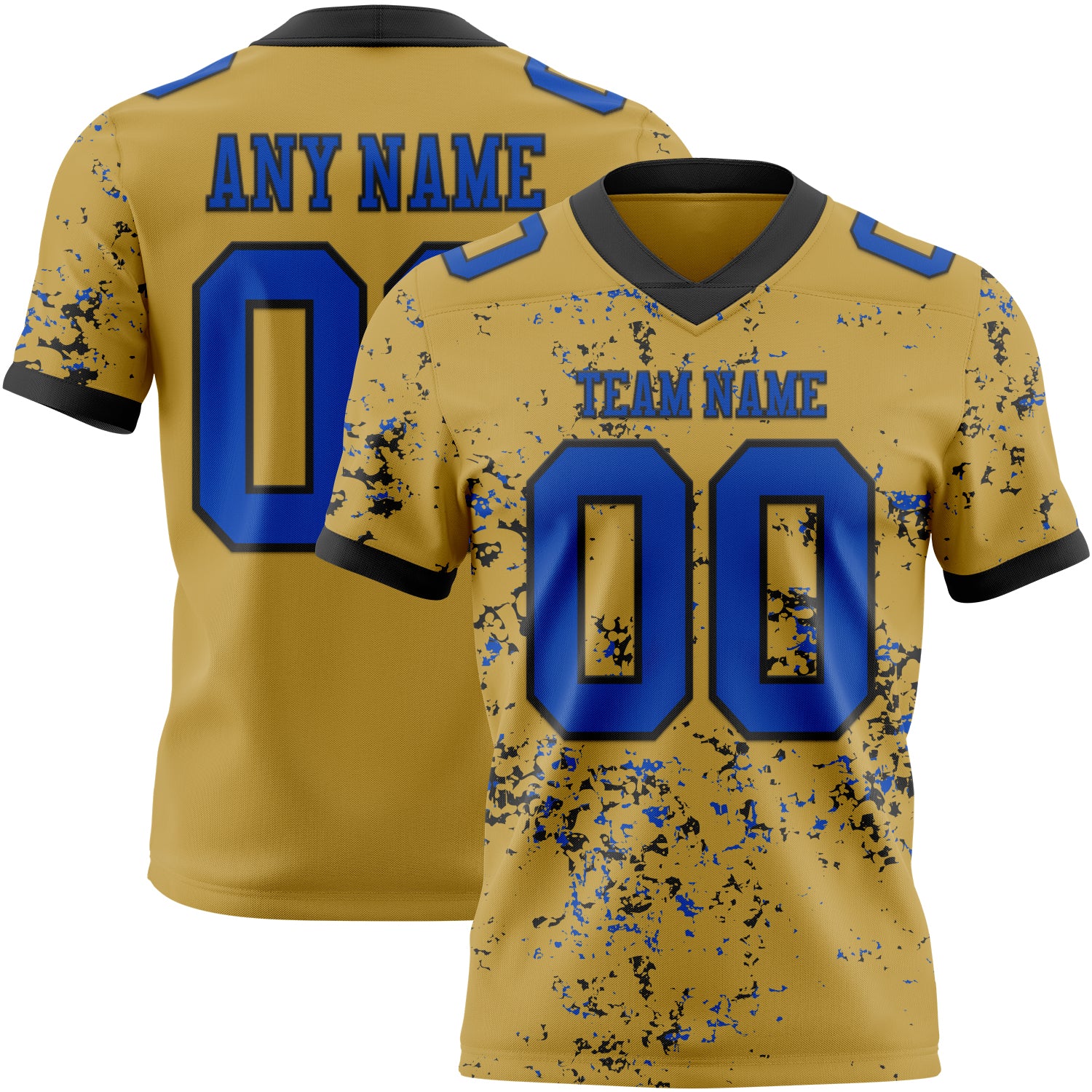 Custom Old Gold Thunder Blue-Black Authentic Abstract Shattered Paint Splatter Football Jersey