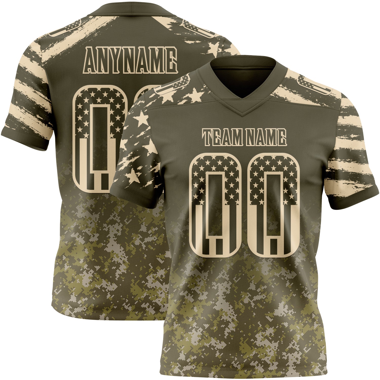 Custom Olive USA Flag Camo-City Cream Authentic Gradient Digital Camouflage Stars & Stripes Raglan Sleeves Football Jersey