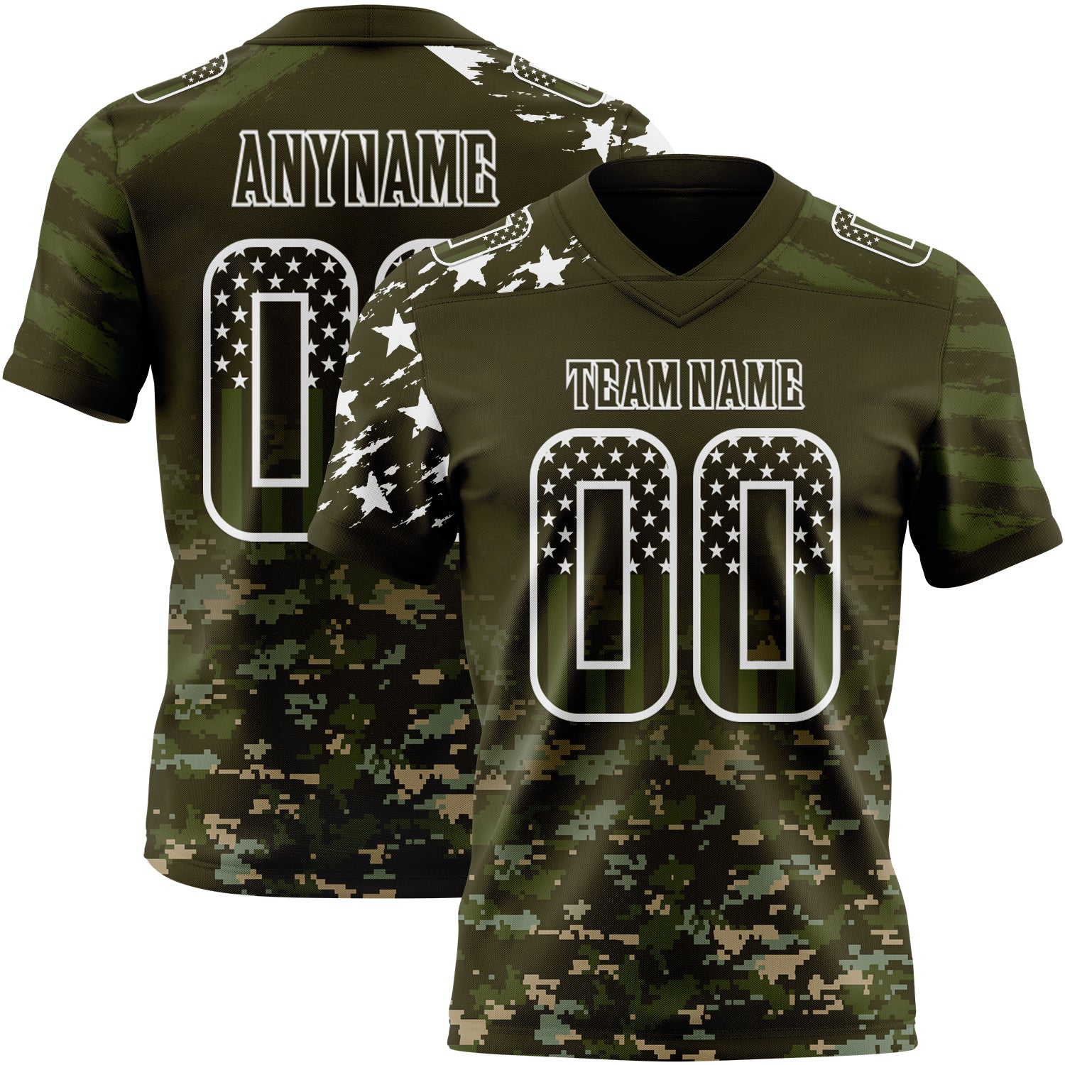 Custom Olive USA Flag Camo White-Green Authentic Gradient Digital Camouflage Stars & Stripes Raglan Sleeves Football Jersey