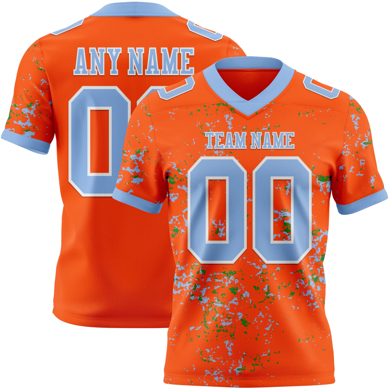 Custom Orange Light Blue Grass Green-White Authentic Abstract Shattered Paint Splatter Football Jersey
