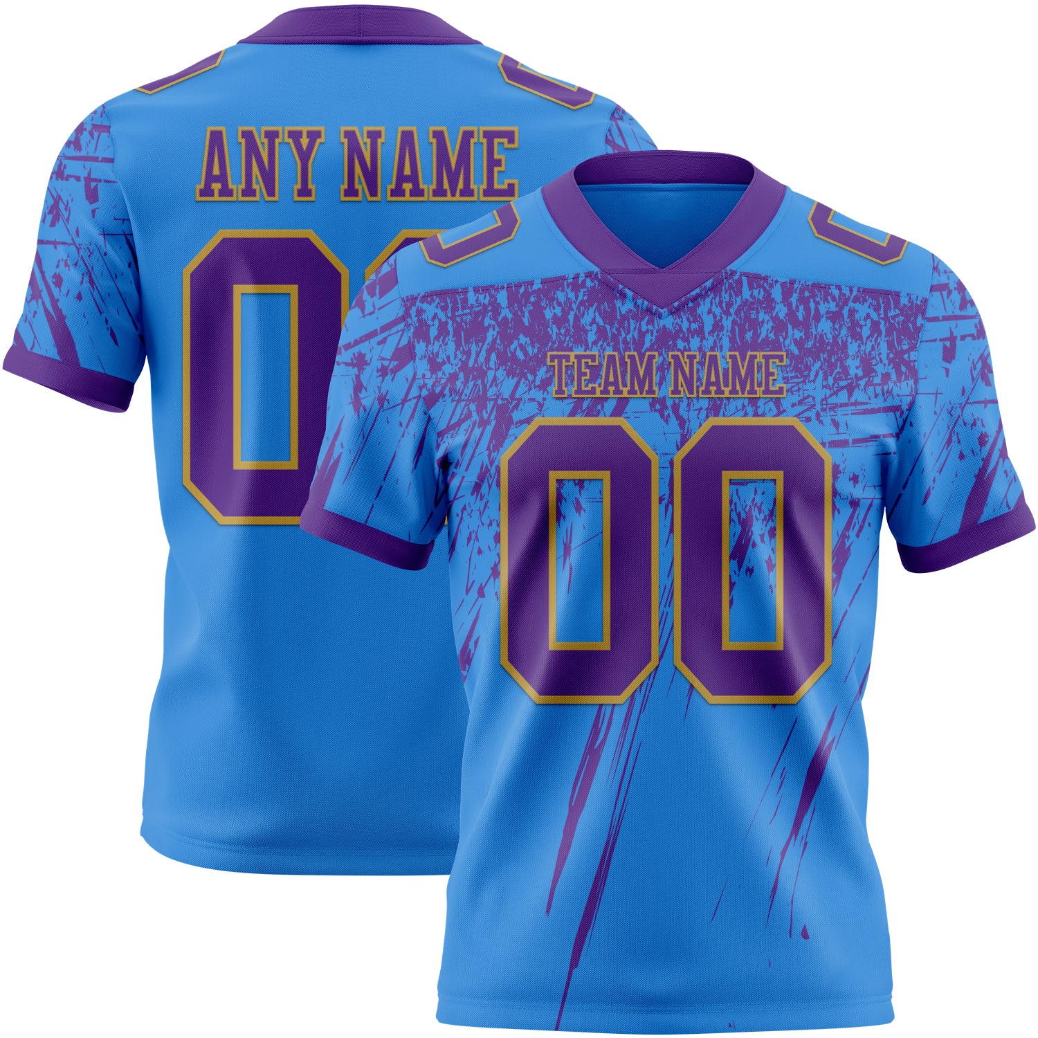 Custom Powder Blue Purple-Old Gold Authentic Distressed Scratch Brush Stroke Football Jersey