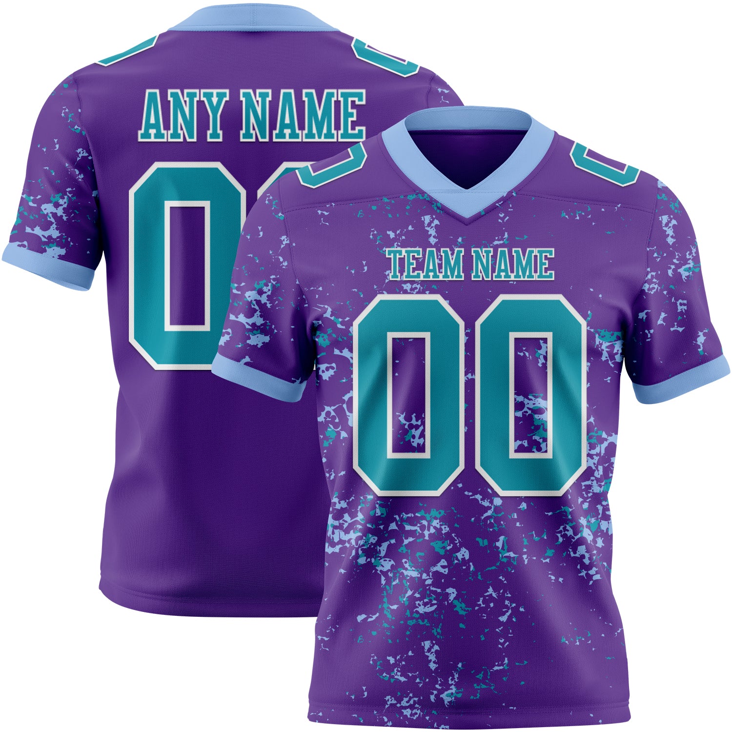 Custom Purple Teal Light Blue-White Authentic Abstract Shattered Paint Splatter Football Jersey