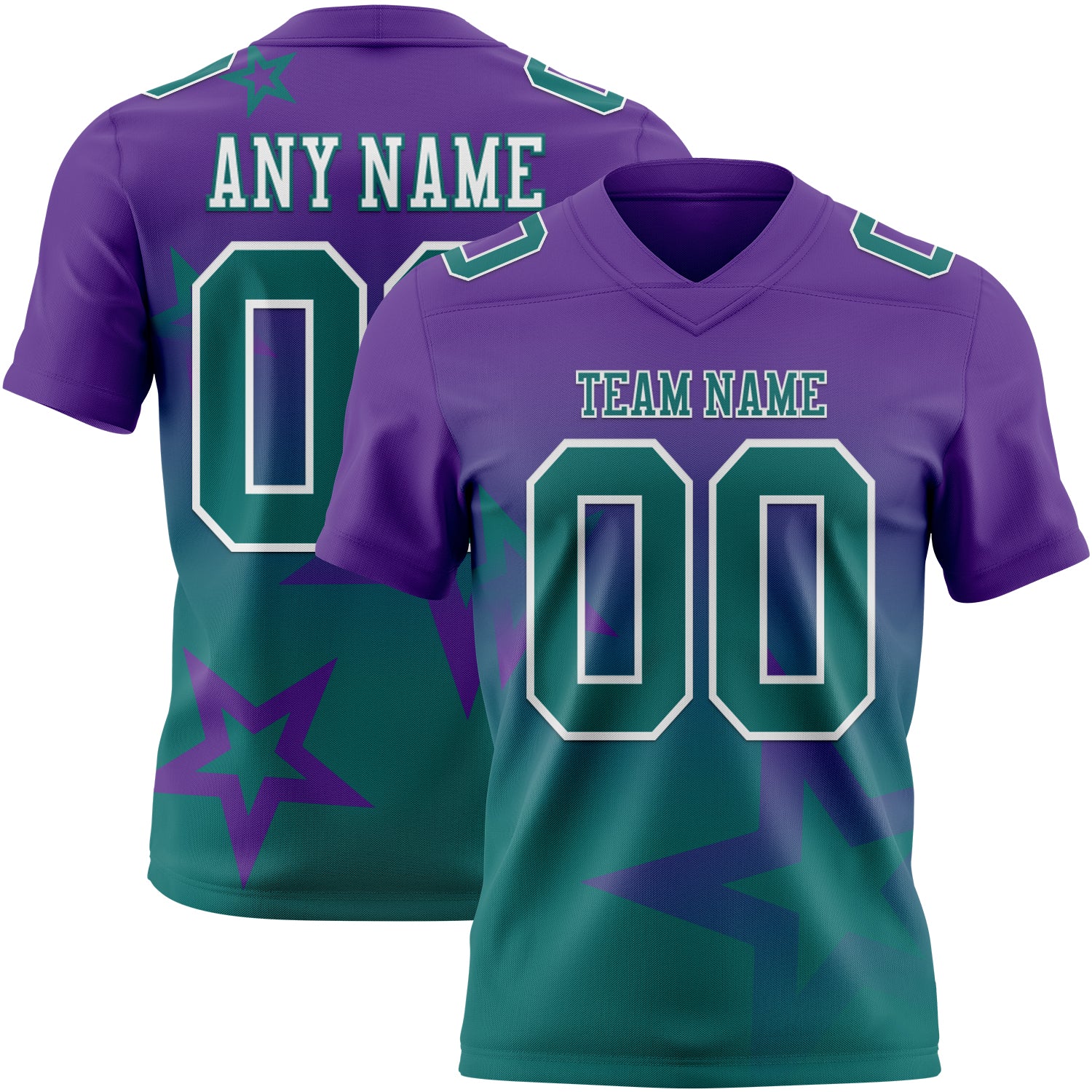Custom Purple Teal-White Authentic Star Gradient 7V7 Flag Football Jersey