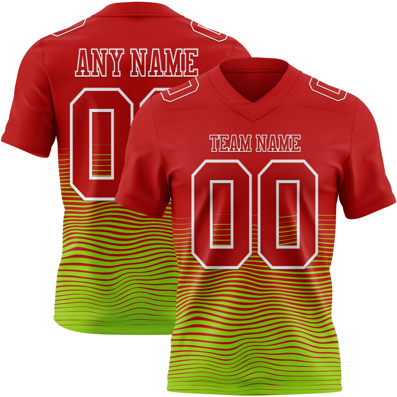 Custom Red Neon Green-White Authentic Fluid Wave Line Fade 7V7 Flag Football Jersey