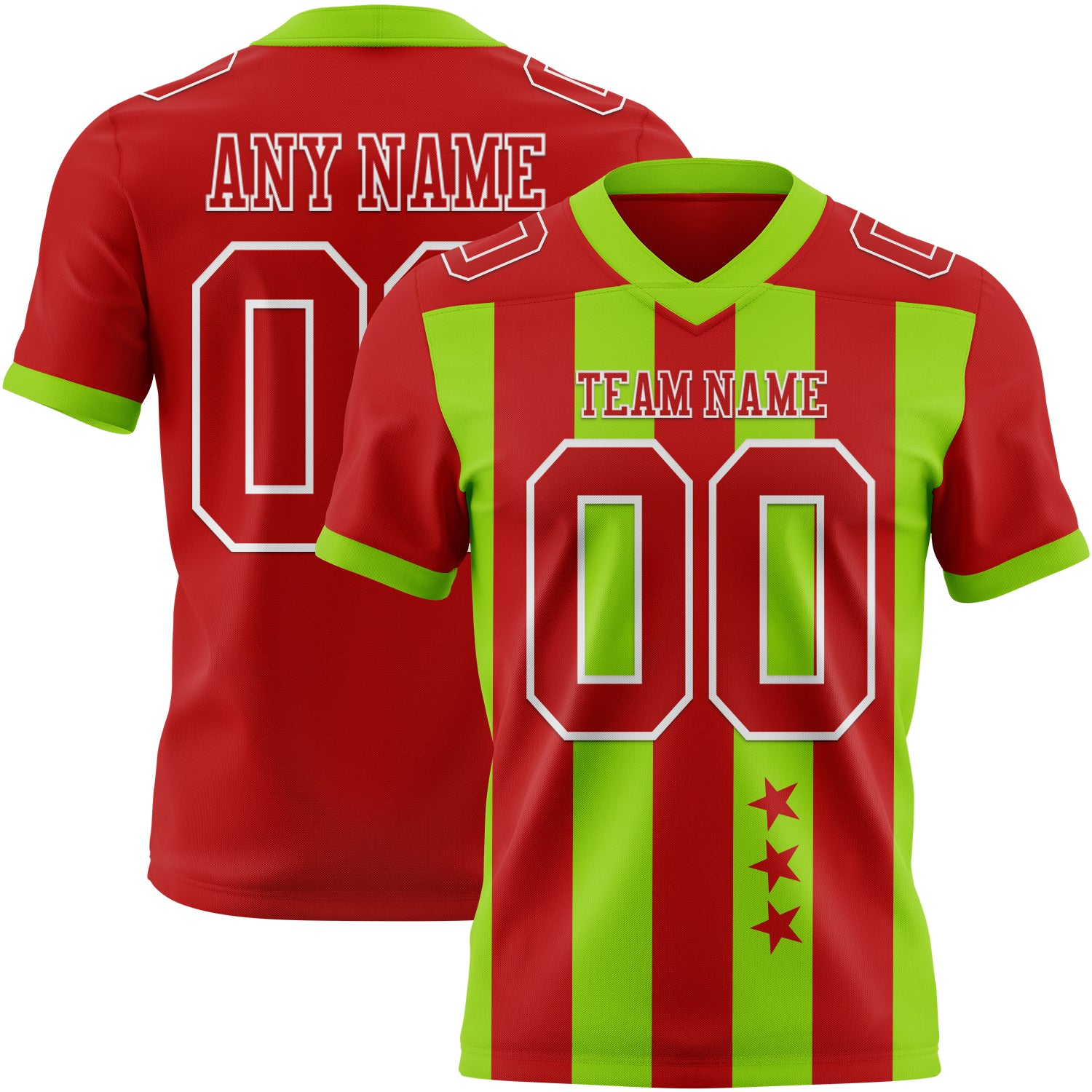 Custom Red Neon Green-White Authentic Stars And Stripes 7V7 Flag Football Jersey