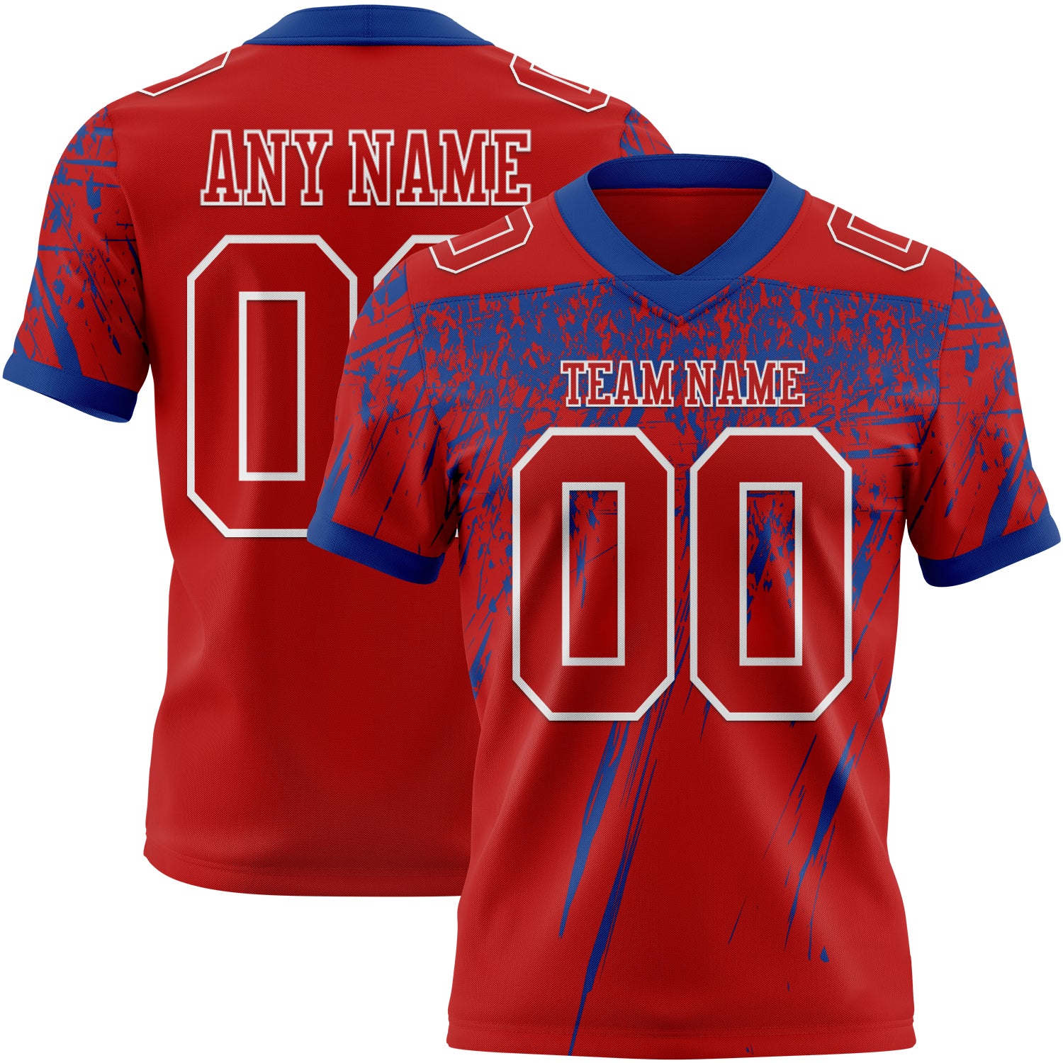 Custom Red Royal-White Authentic Distressed Scratch Brush Stroke Football Jersey