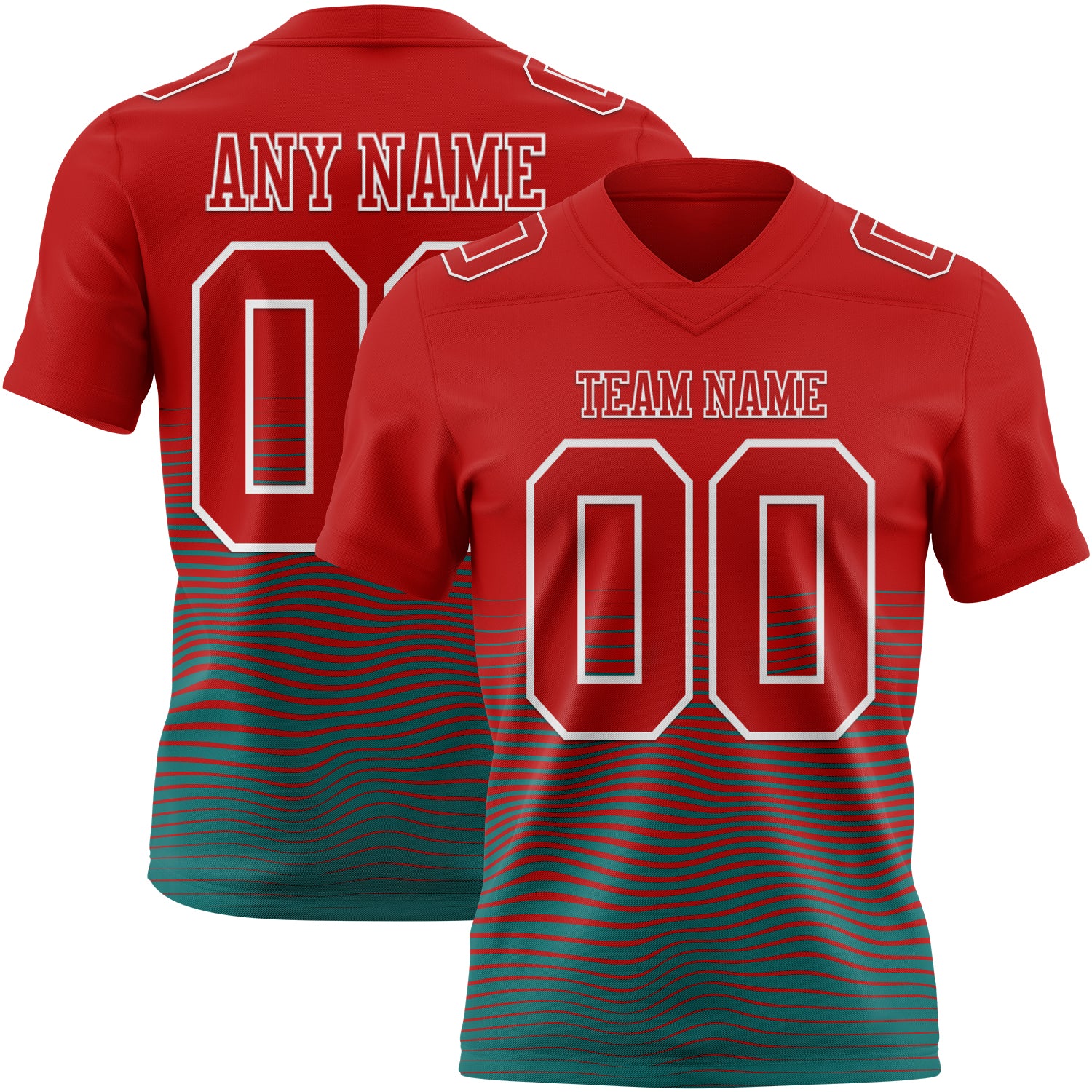 Custom Red Teal-White Authentic Fluid Wave Line Fade 7V7 Flag Football Jersey