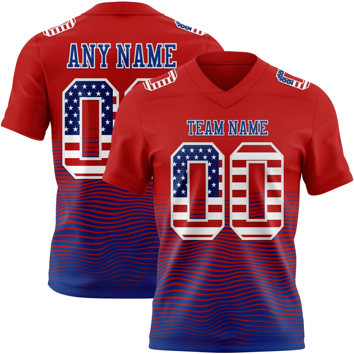 Custom Red USA Flag Royal-White Authentic Fluid Wave Line Fade 7V7 Flag Football Jersey