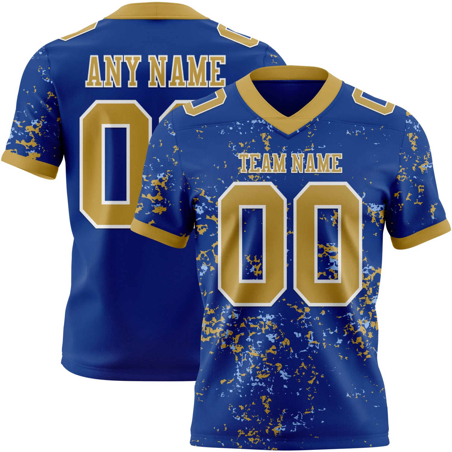 Custom Royal Old Gold Light Blue-White Authentic Abstract Shattered Paint Splatter Football Jersey