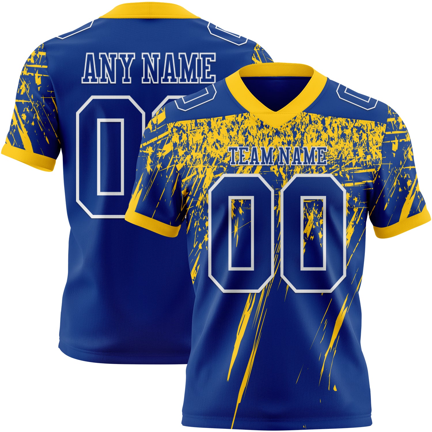 Custom Royal Yellow-White Authentic Distressed Scratch Brush Stroke Football Jersey