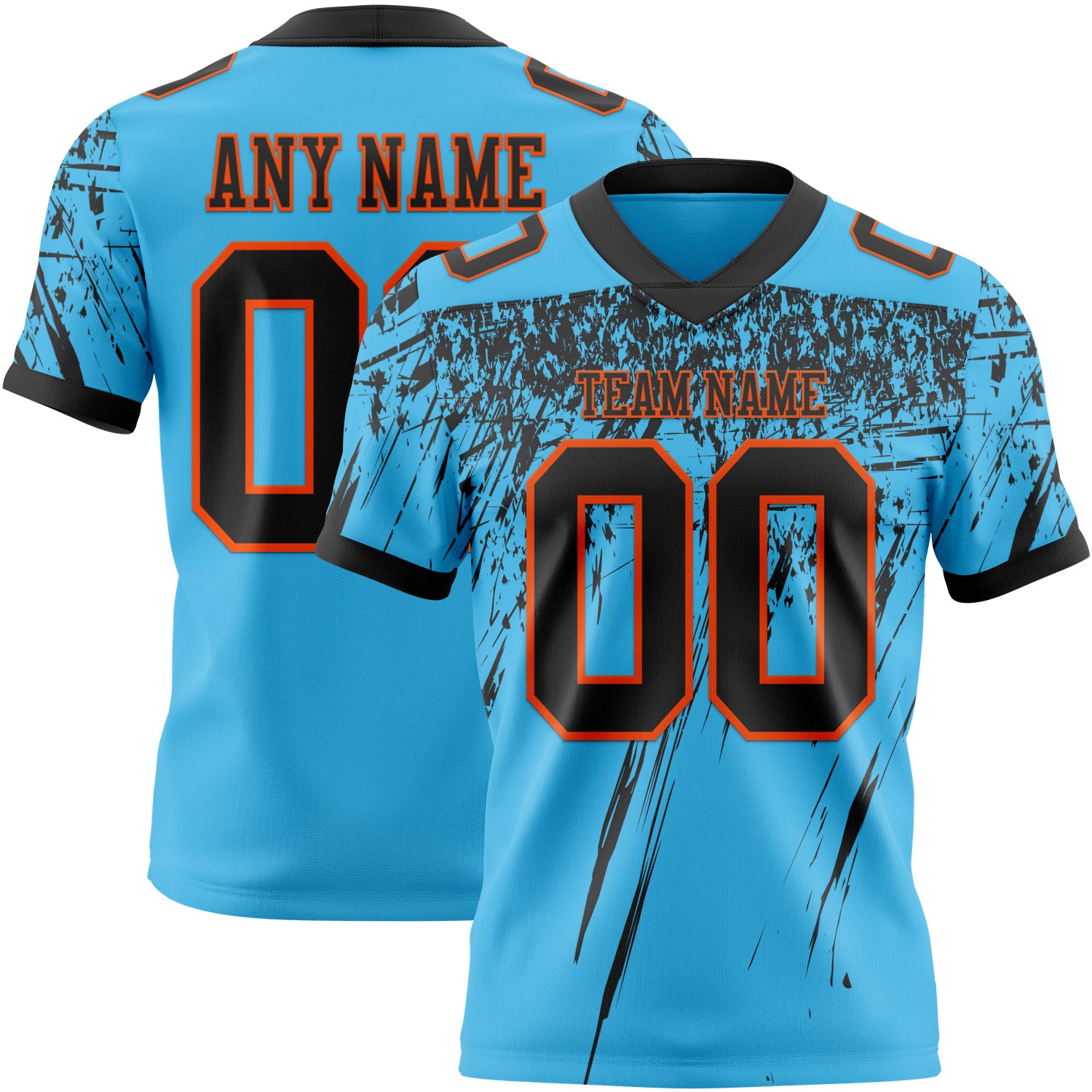 Custom Sky Blue Black-Orange Authentic Distressed Scratch Brush Stroke Football Jersey
