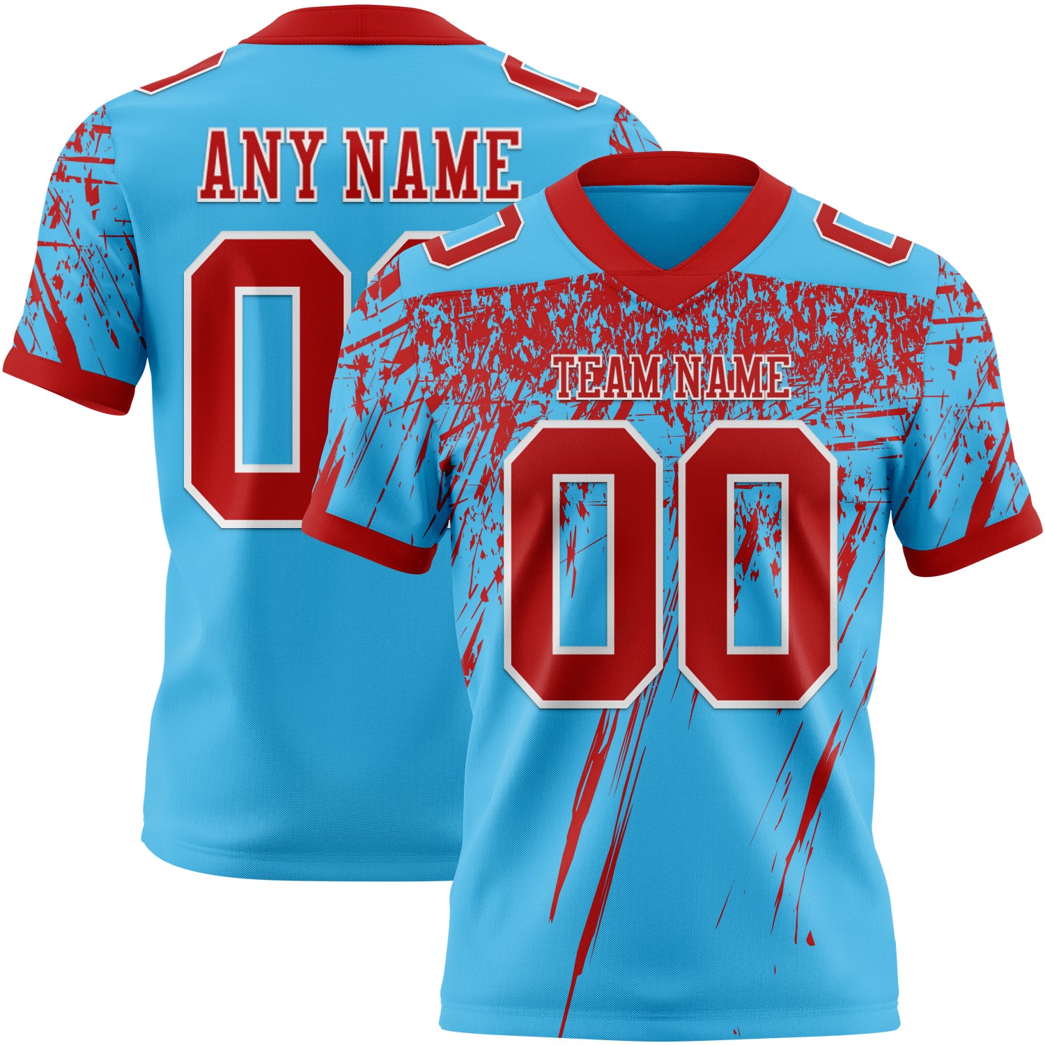 Custom Sky Blue Red-White Authentic Distressed Scratch Brush Stroke Football Jersey