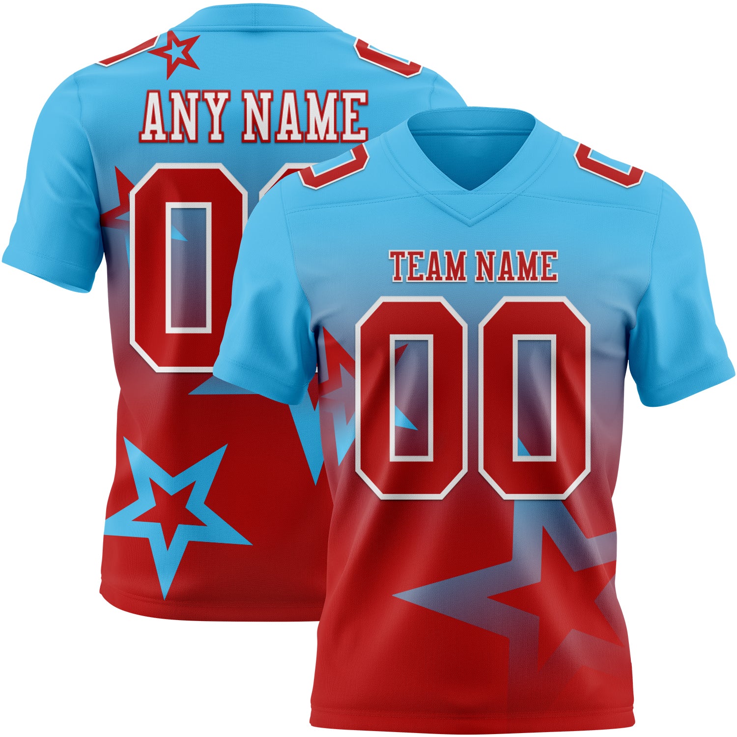 Custom Sky Blue Red-White Authentic Star Gradient 7V7 Flag Football Jersey