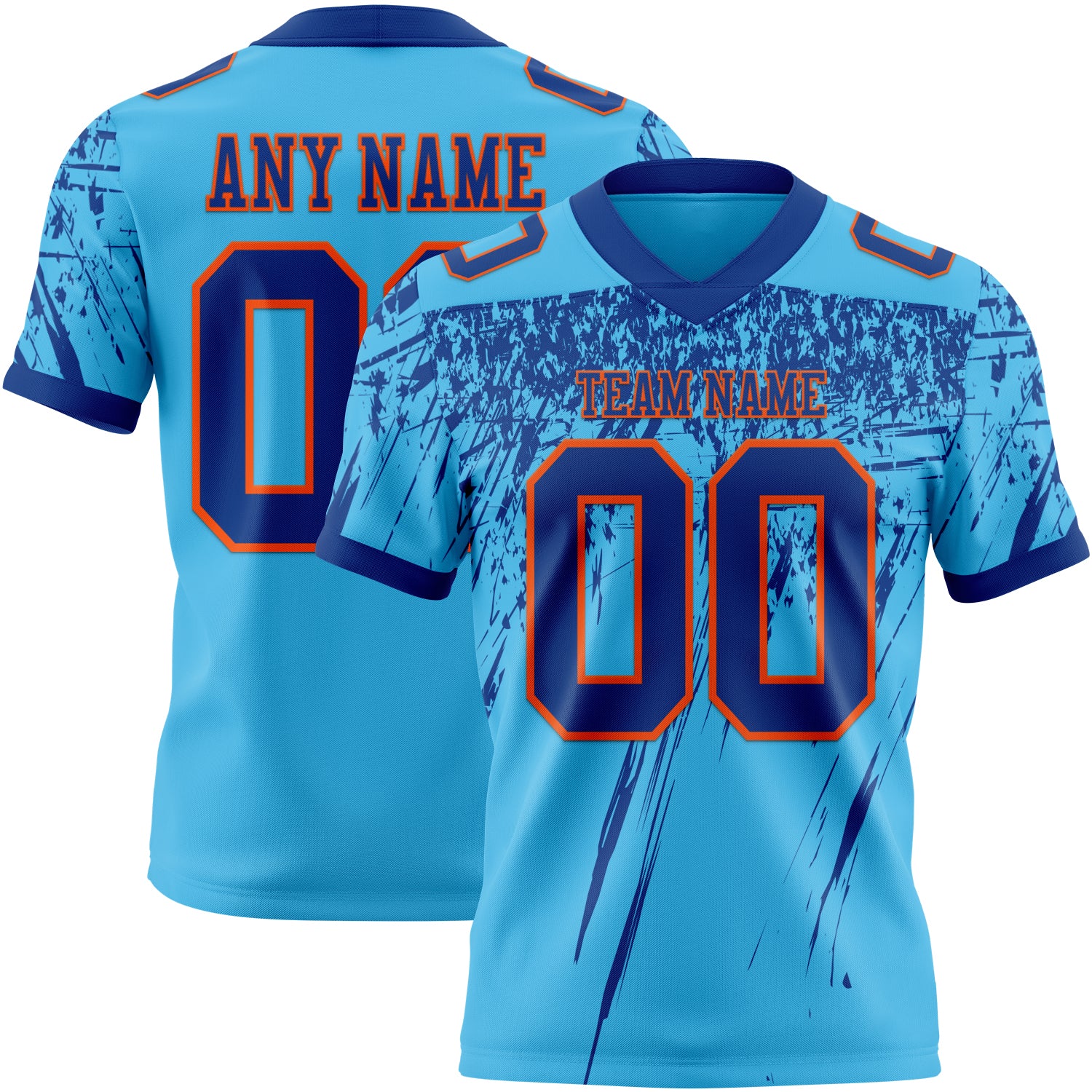 Custom Sky Blue Royal-Orange Authentic Distressed Scratch Brush Stroke Football Jersey