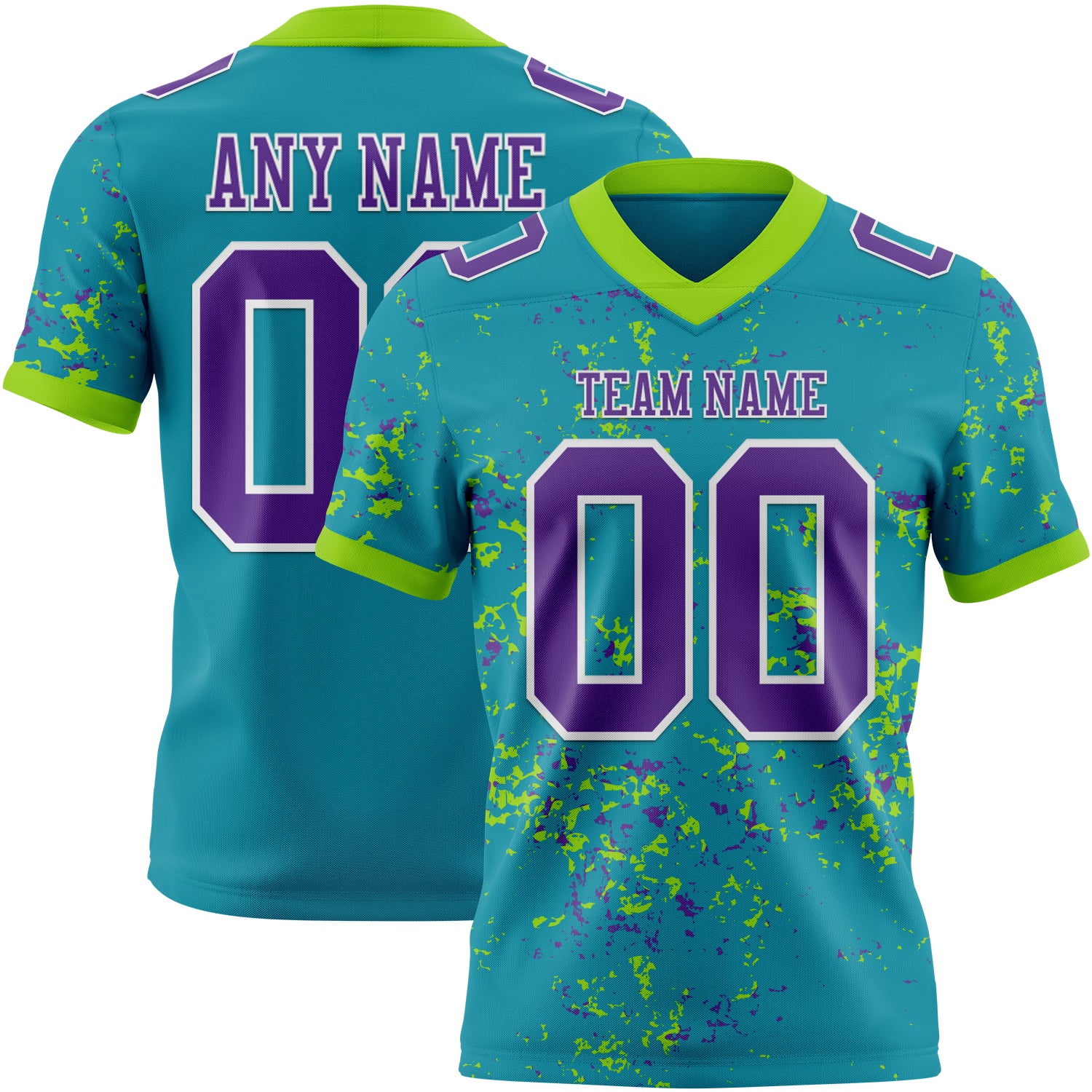 Custom Teal Purple Neon Green-White Authentic Abstract Shattered Paint Splatter Football Jersey