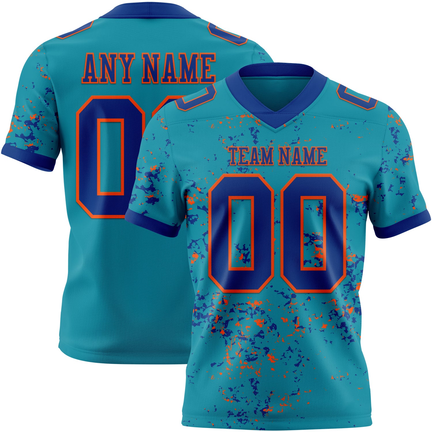 Custom Teal Royal-Orange Authentic Abstract Shattered Paint Splatter Football Jersey