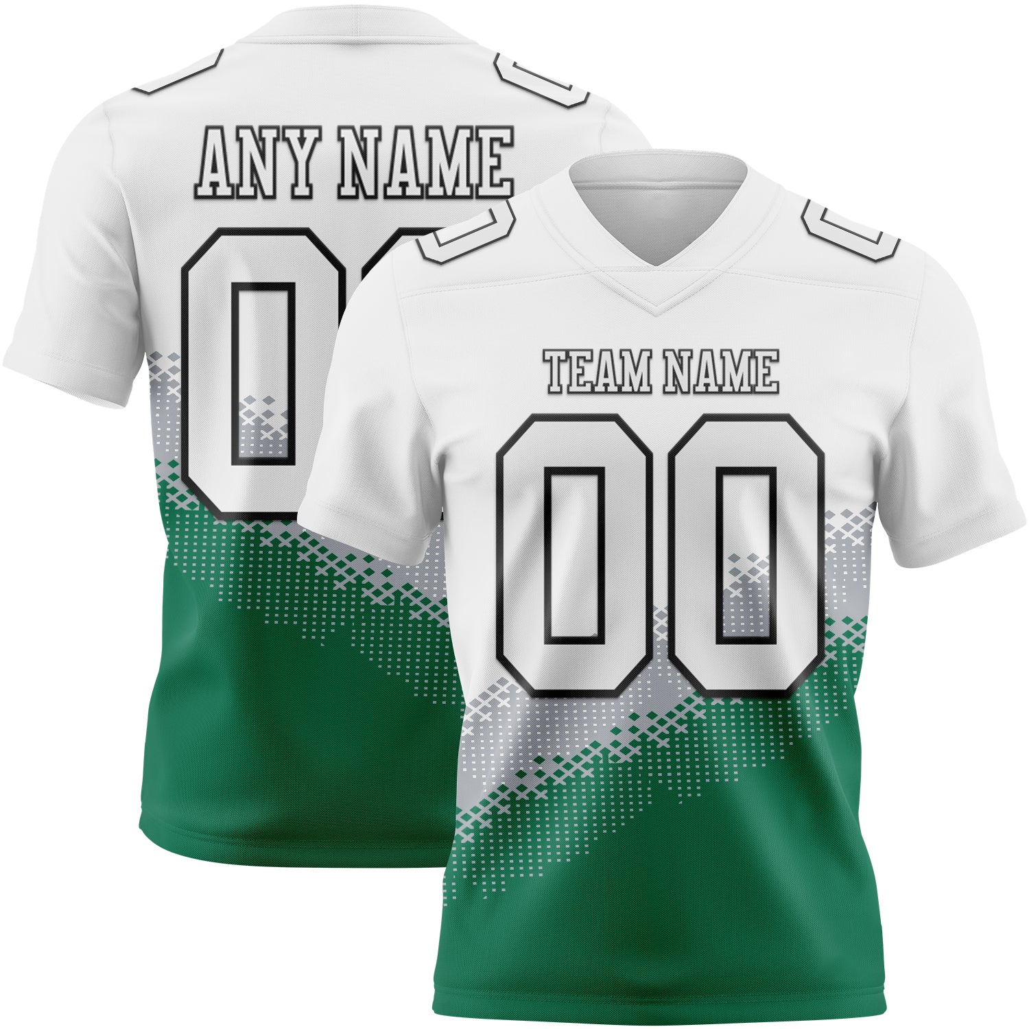 Custom White Gray Kelly Green-Black Authentic Geometric Gradient 7V7 Flag Football Jersey