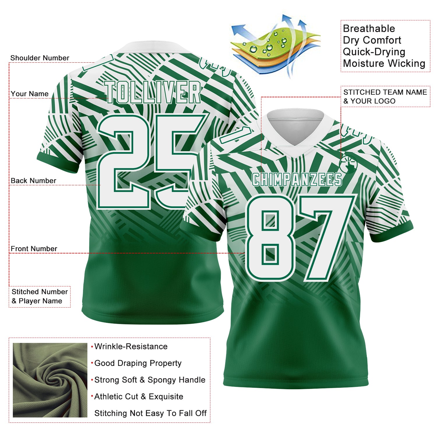 Custom White-Kelly Green Authentic Abstract Geometric Lines Gradient Football Jersey