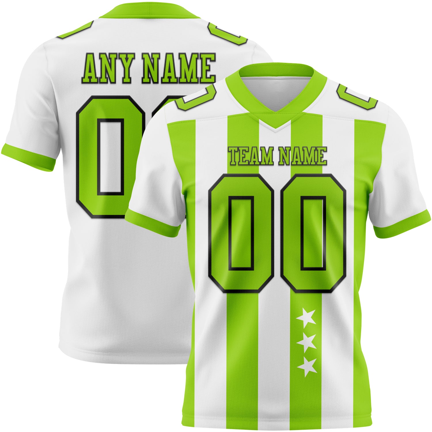 Custom White Neon Green-Black Authentic Stars And Stripes 7V7 Flag Football Jersey