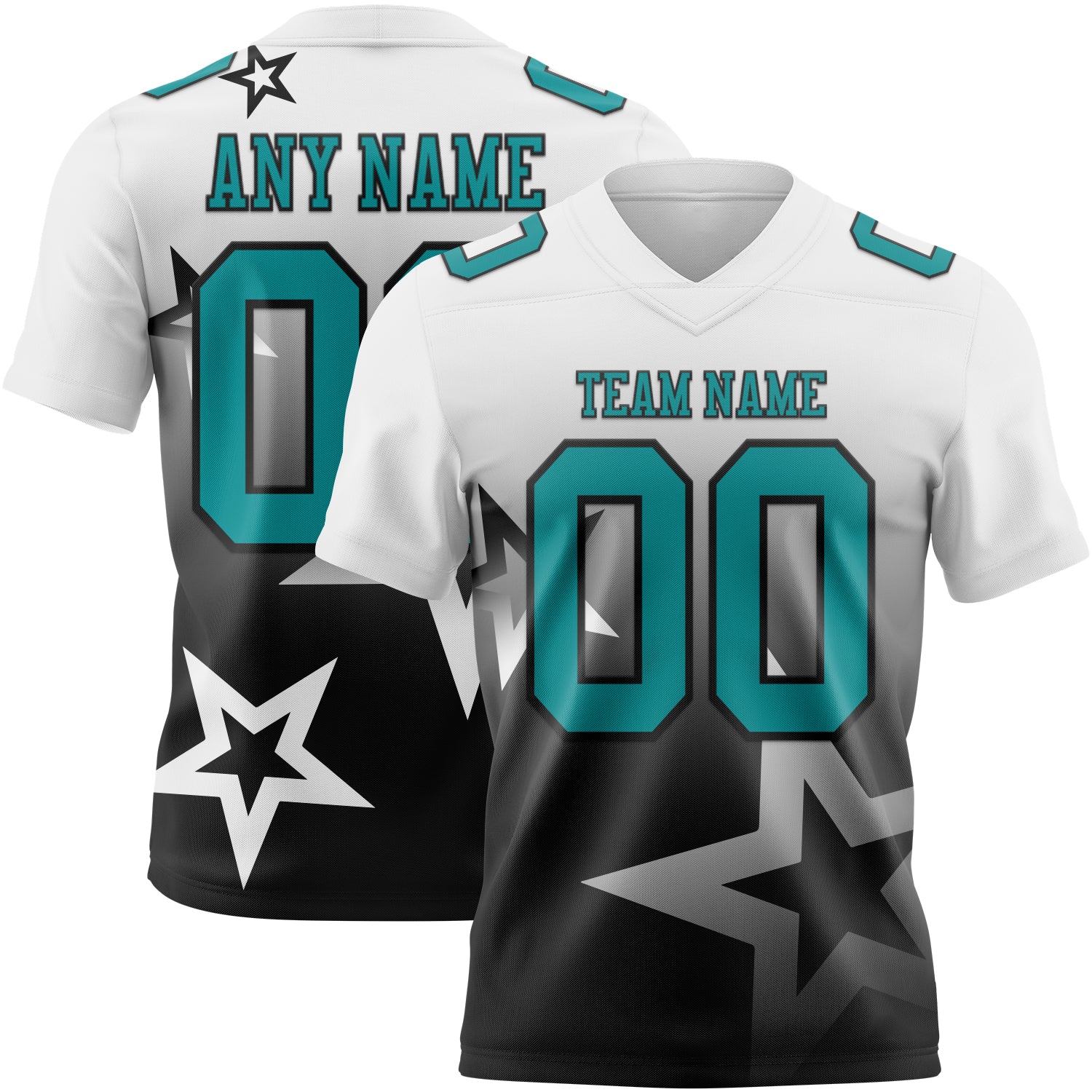 Custom White Teal-Black Authentic Star Gradient 7V7 Flag Football Jersey