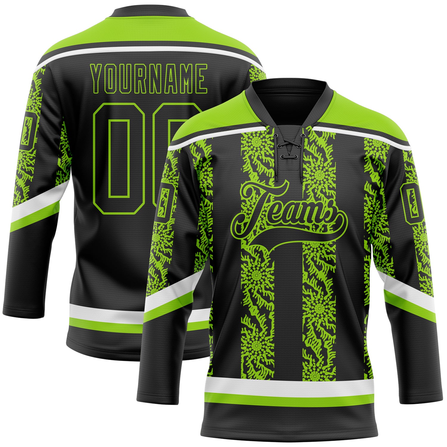 Custom Black Neon Green-White 3D Pattern Abstract Shape Hockey Lace Neck Jersey