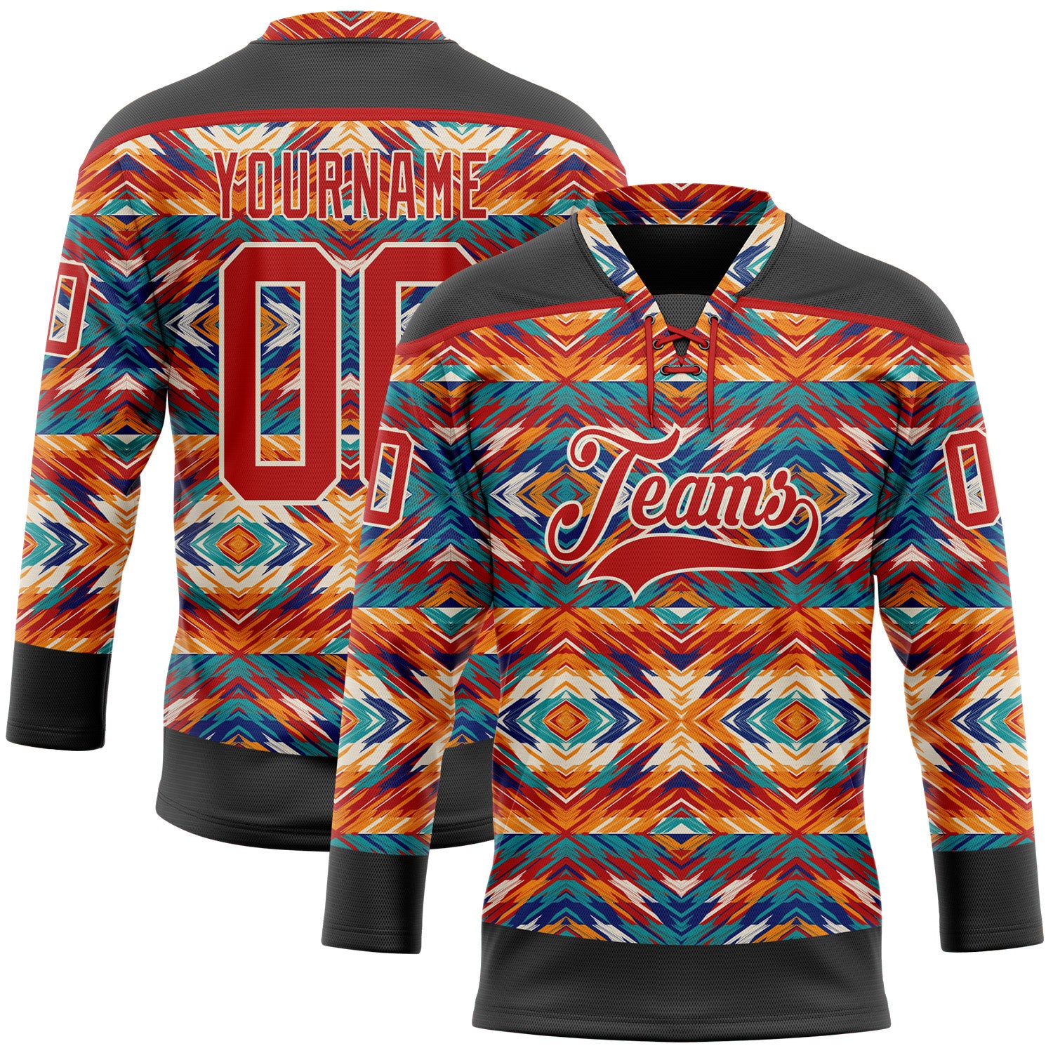 Custom Black Red-Cream 3D Pattern Native Americans Tribal Indigenous People Hockey Lace Neck Jersey