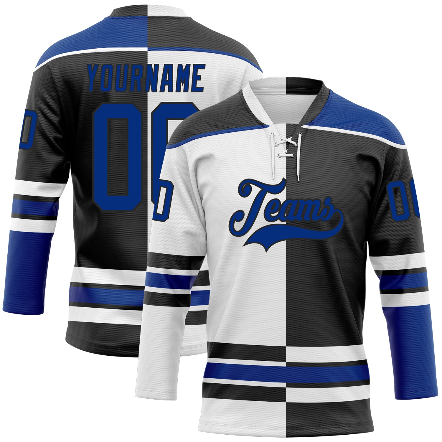 Custom Black Royal-White Split Fashion Hockey Lace Neck Jersey