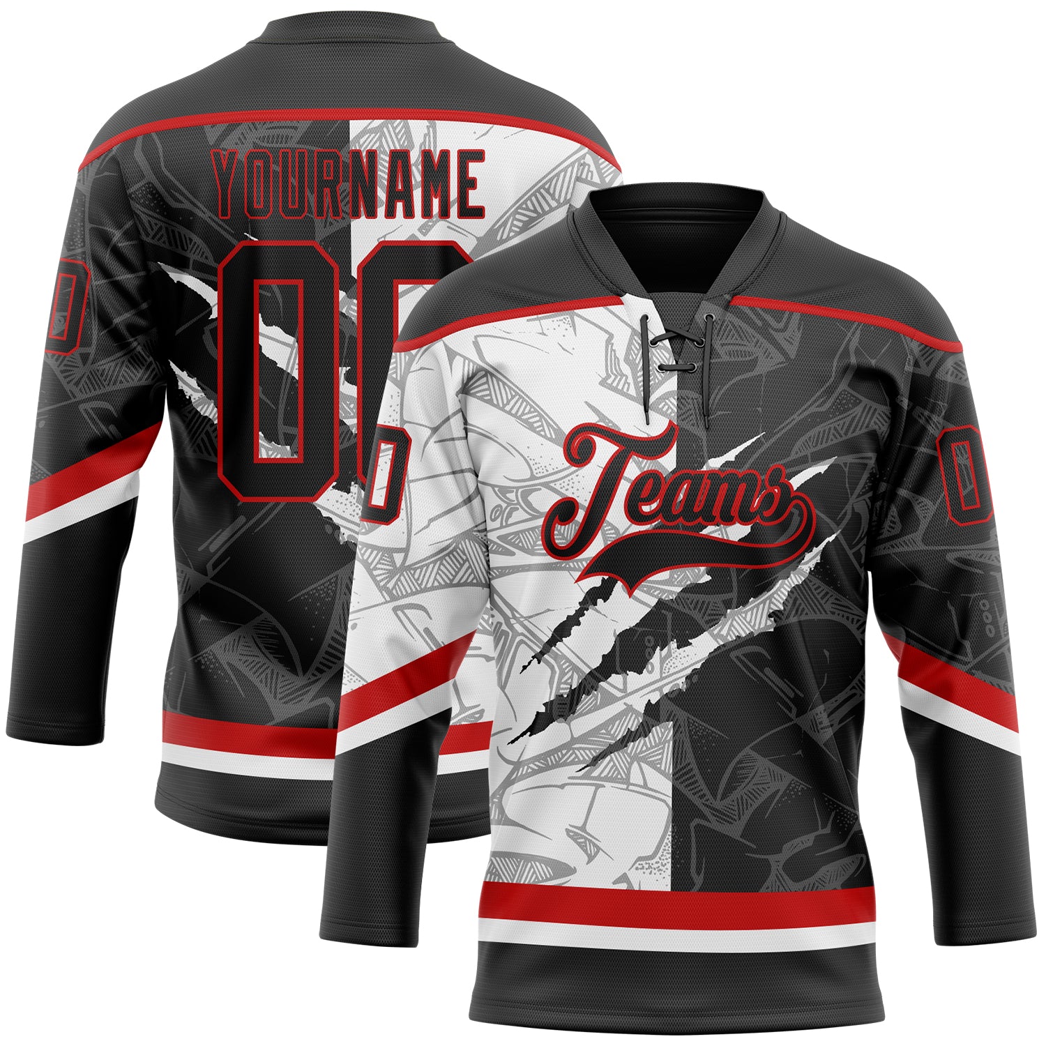 Custom Black White-Red 3D Pattern Gradient Fashion Scratch Hockey Lace Neck Jersey
