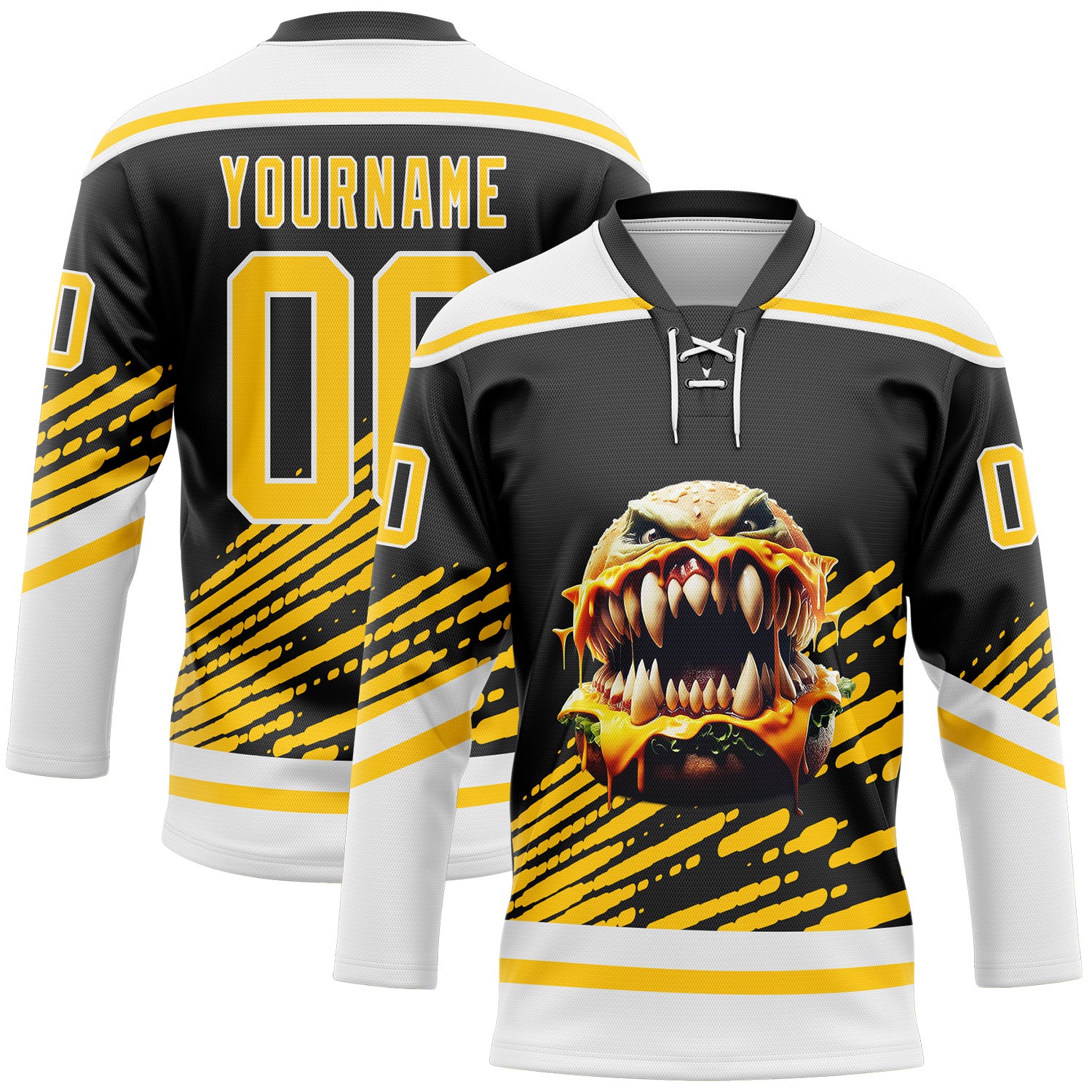 Custom Black Yellow-White 3D Pattern Design Foodie Funny Hamberger Hockey Lace Neck Jersey