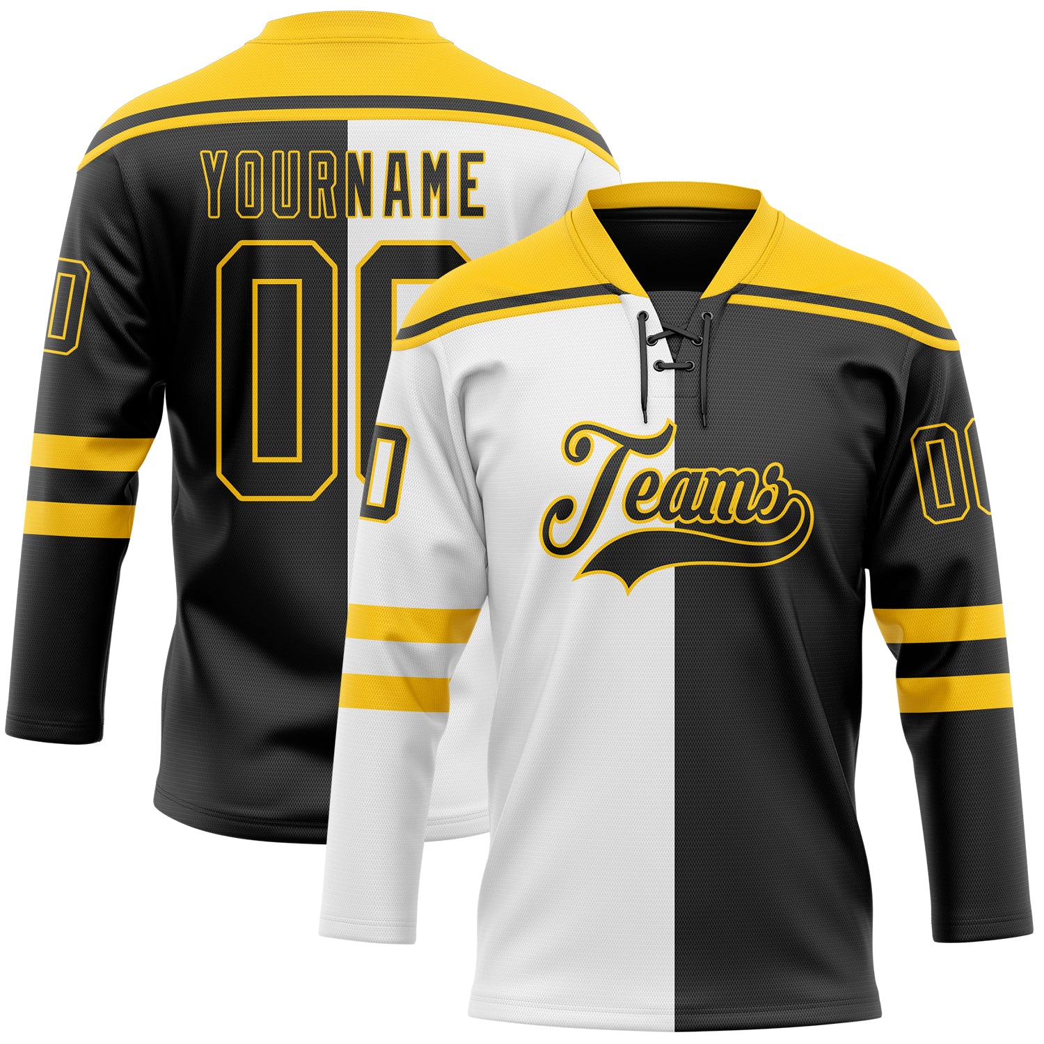 Custom Black Yellow-White Split Fashion Hockey Lace Neck Jersey