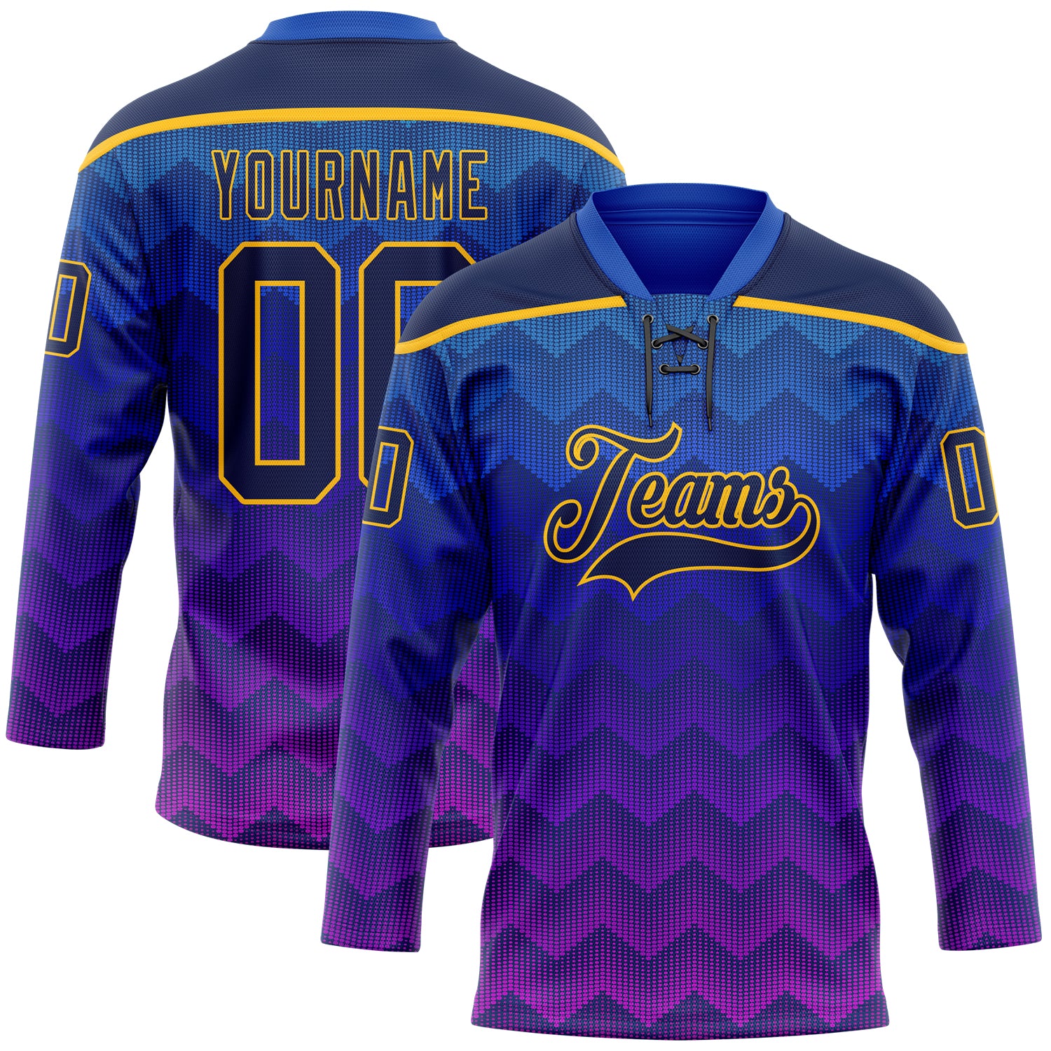 Custom Blue Navy Purple-Gold 3D Pattern Abstract Gradient Halftone Hockey Lace Neck Jersey