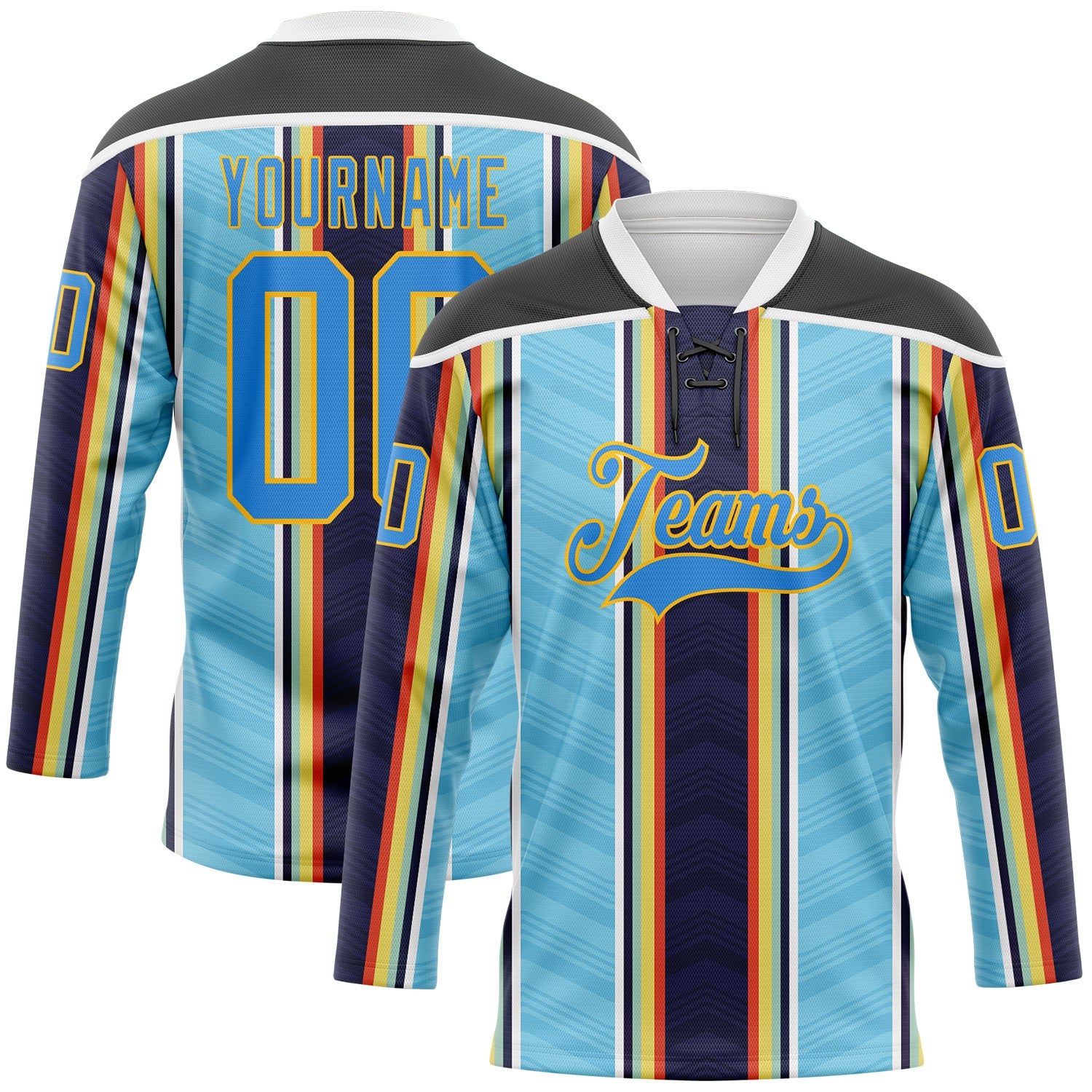 Custom Blue Powder Blue Black Red Gold-White 3D Pattern Design Stripe Hockey Lace Neck Jersey