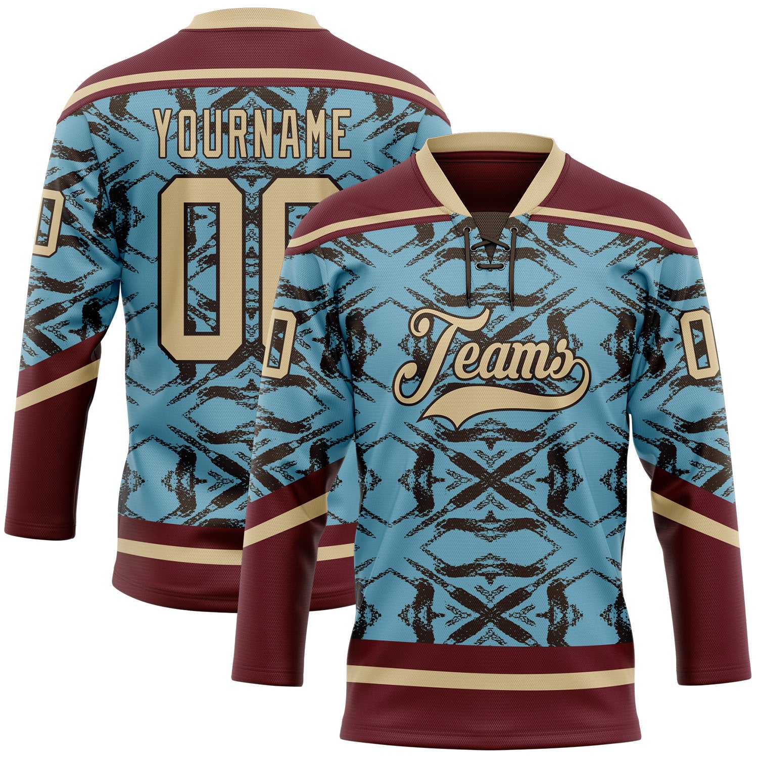 Custom Blue Vegas Gold Burgundy-Brown 3D Pattern Tribal Indigenous Grunge Splash Hockey Lace Neck Jersey
