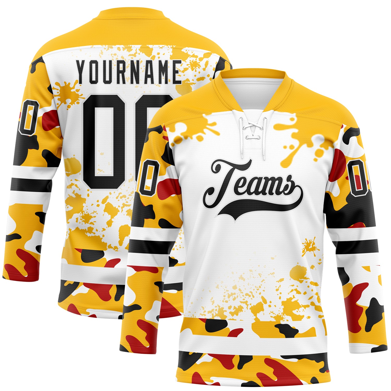 Custom Camo Black Gold-White Splash Hockey Lace Neck Jersey