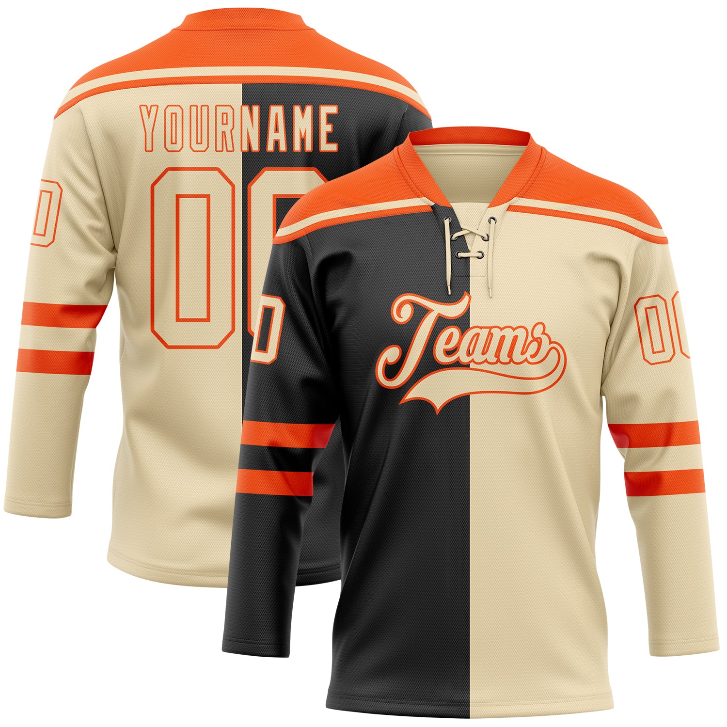 Custom Cream Black-Orange Split Fashion Hockey Lace Neck Jersey