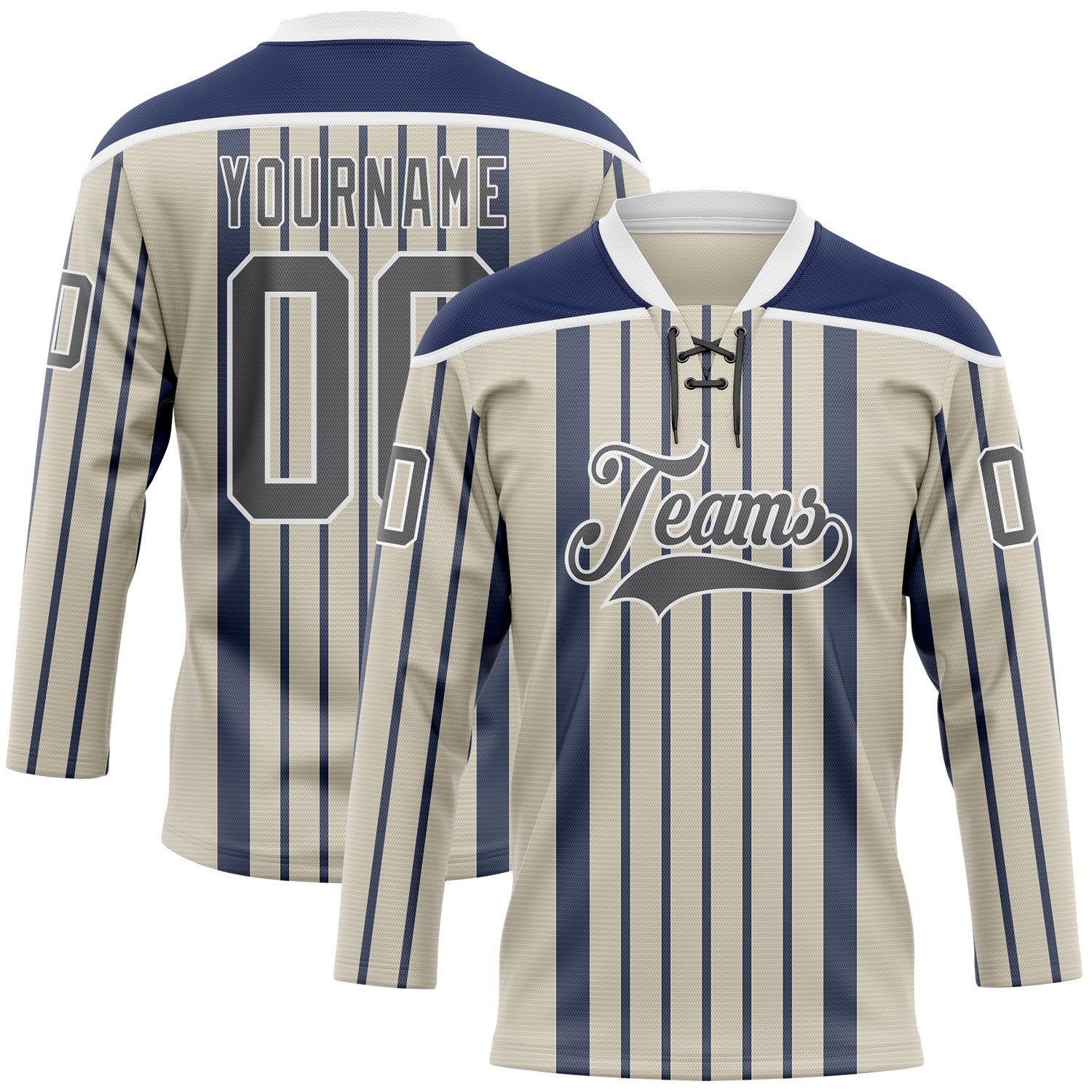 Custom Cream Steel Gray Navy-White 3D Pattern Design Stripe Hockey Lace Neck Jersey