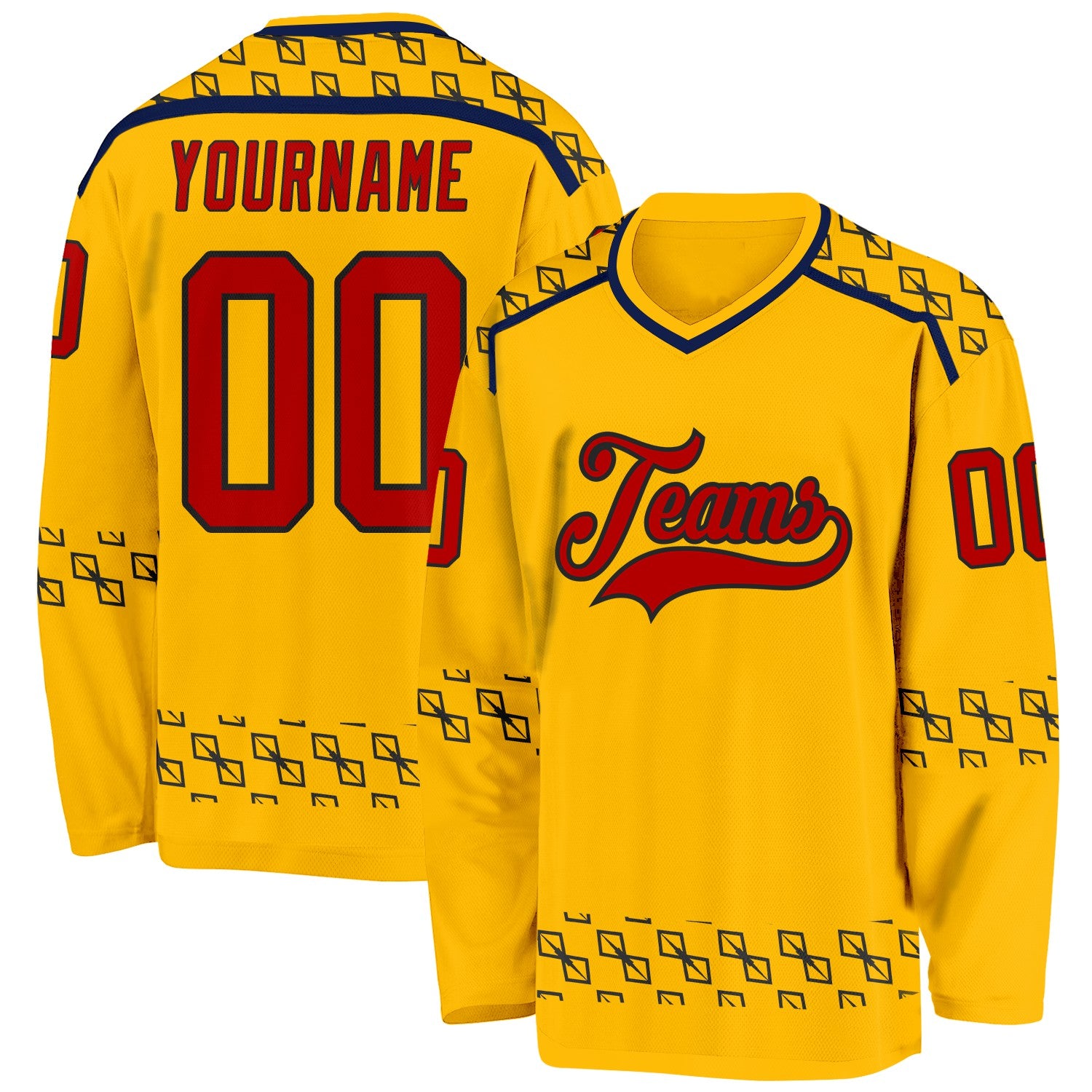 Custom Gold Red Navy-Black 3D Pattern Plaid Hockey Jersey