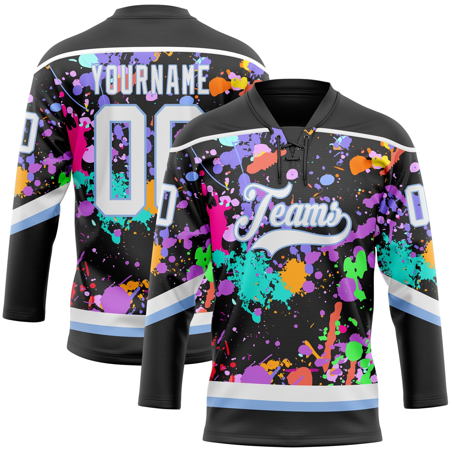 Custom Graffiti Pattern White Black-Light Blue 3D Pattern Splash Art Hockey Lace Neck Jersey