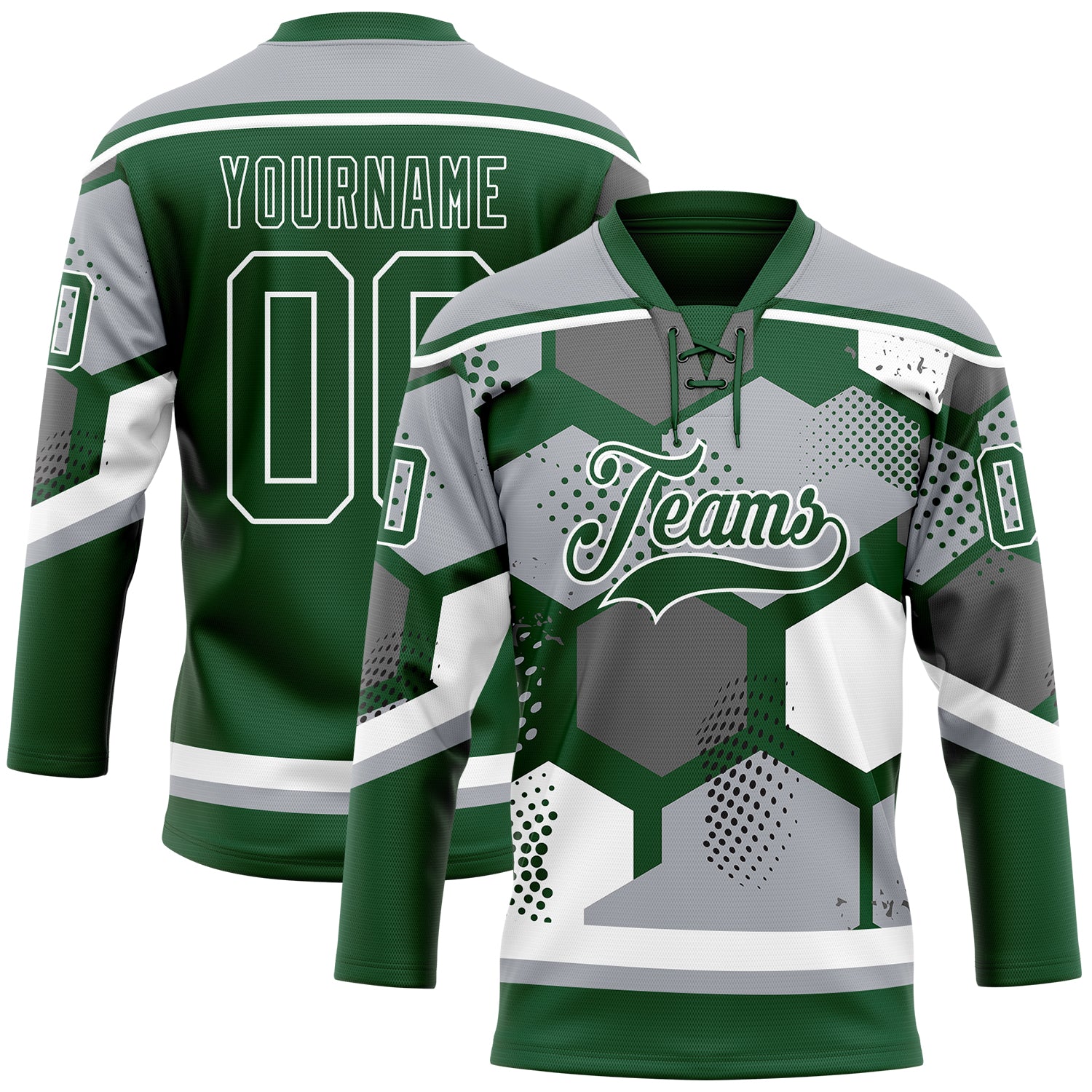 Custom Gray Green-White 3D Pattern Geometric Shape Hockey Lace Neck Jersey