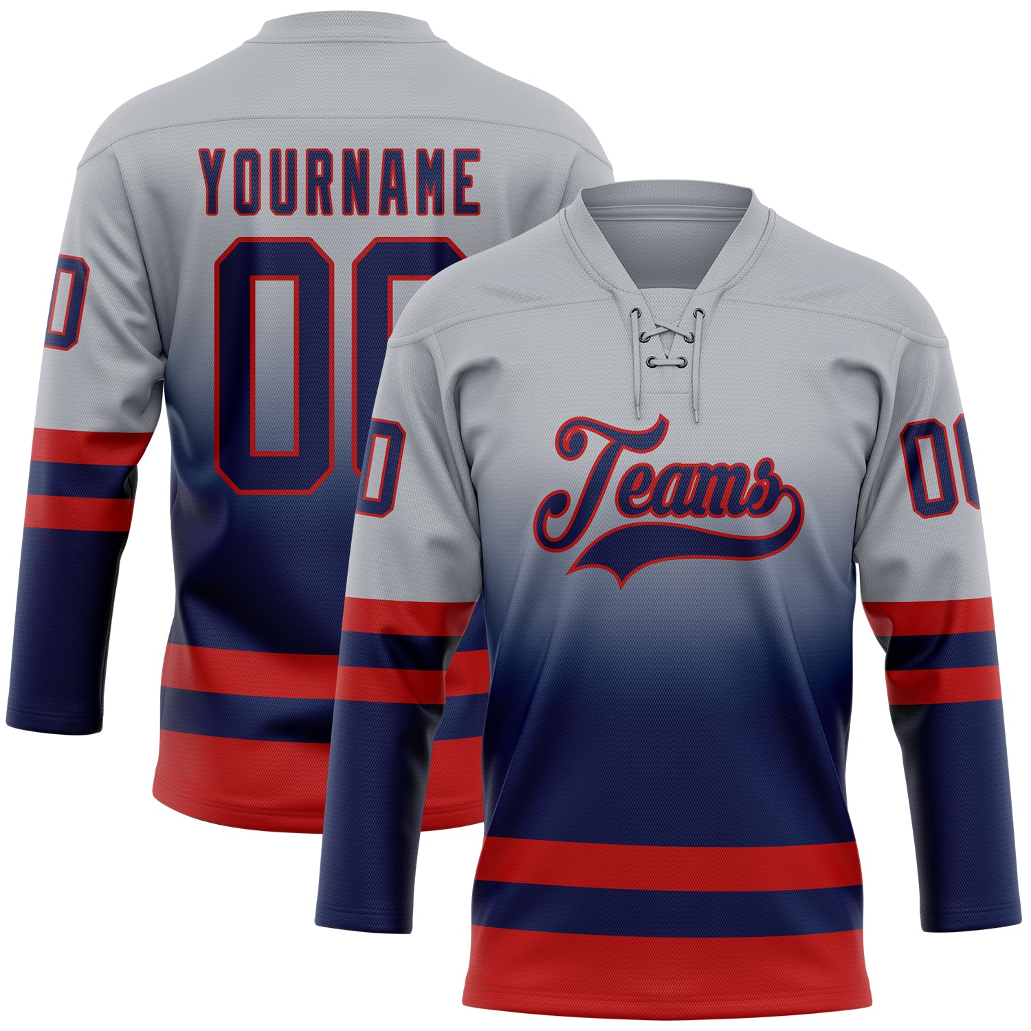 Custom Gray Navy-Red Fade Fashion Hockey Lace Neck Jersey