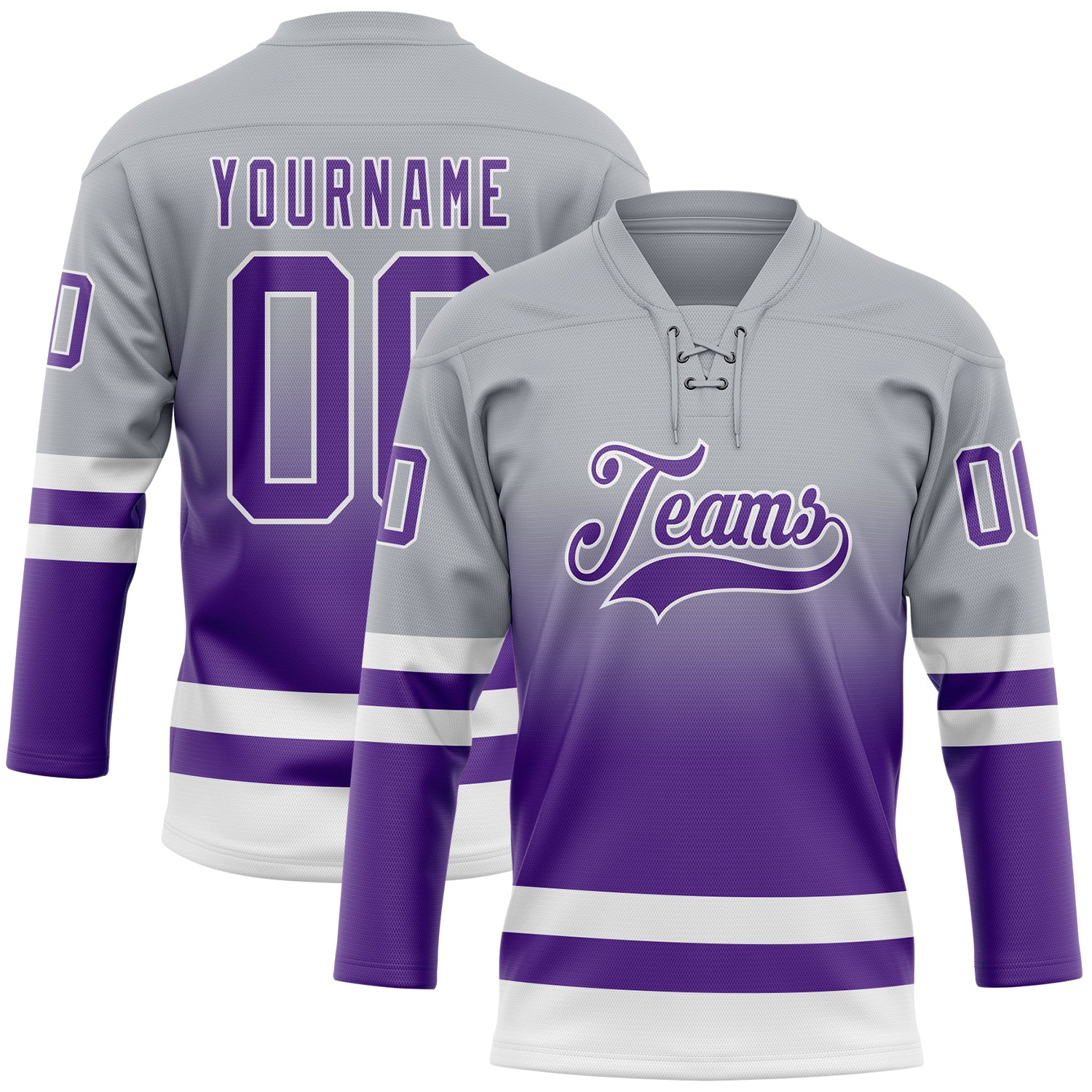 Custom Gray Purple-White Fade Fashion Hockey Lace Neck Jersey