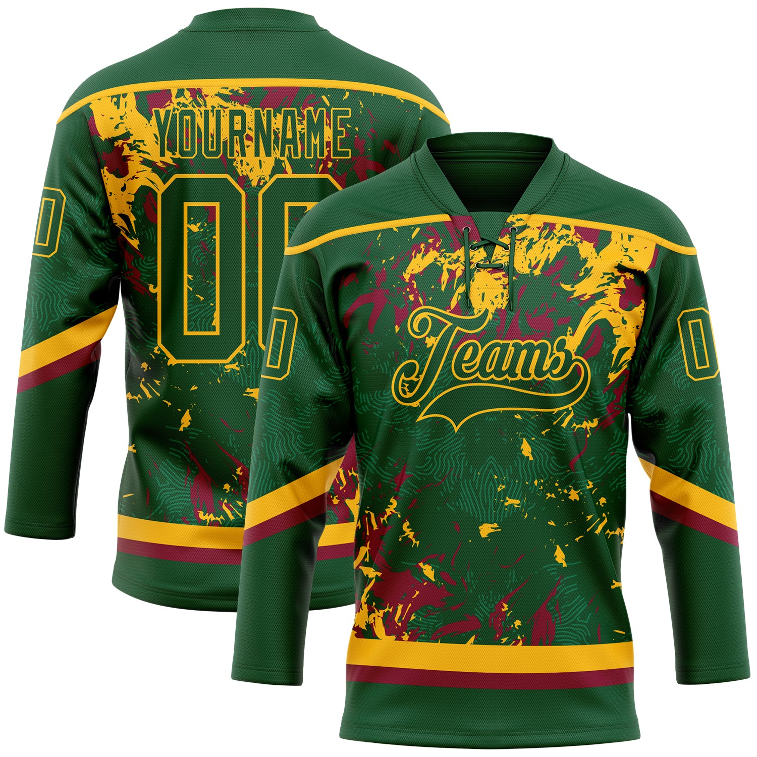 Custom Green Gold-Maroon 3D Fluid Art Splash Hockey Lace Neck Jersey