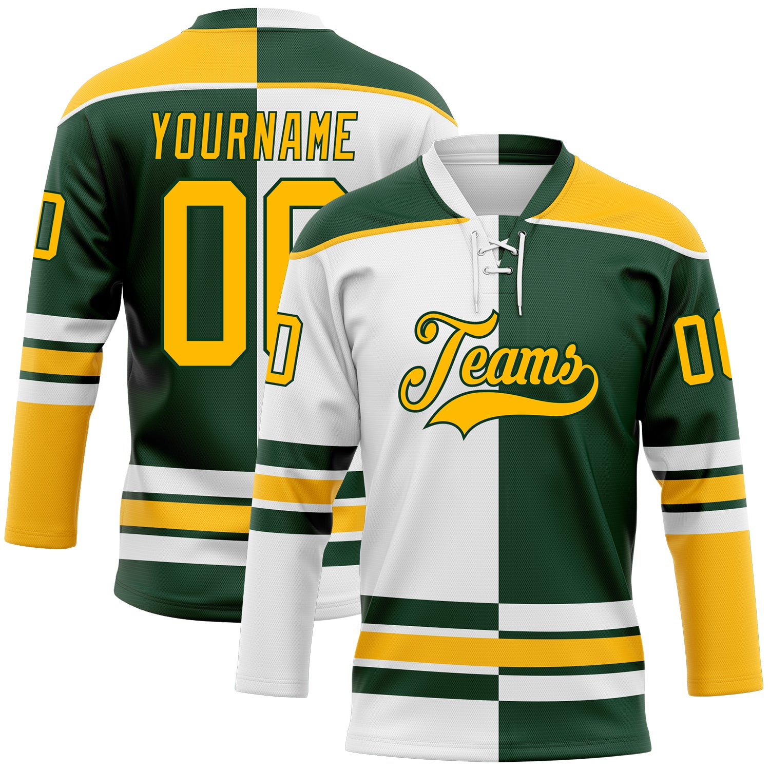 Custom Green Gold-White Split Fashion Hockey Lace Neck Jersey