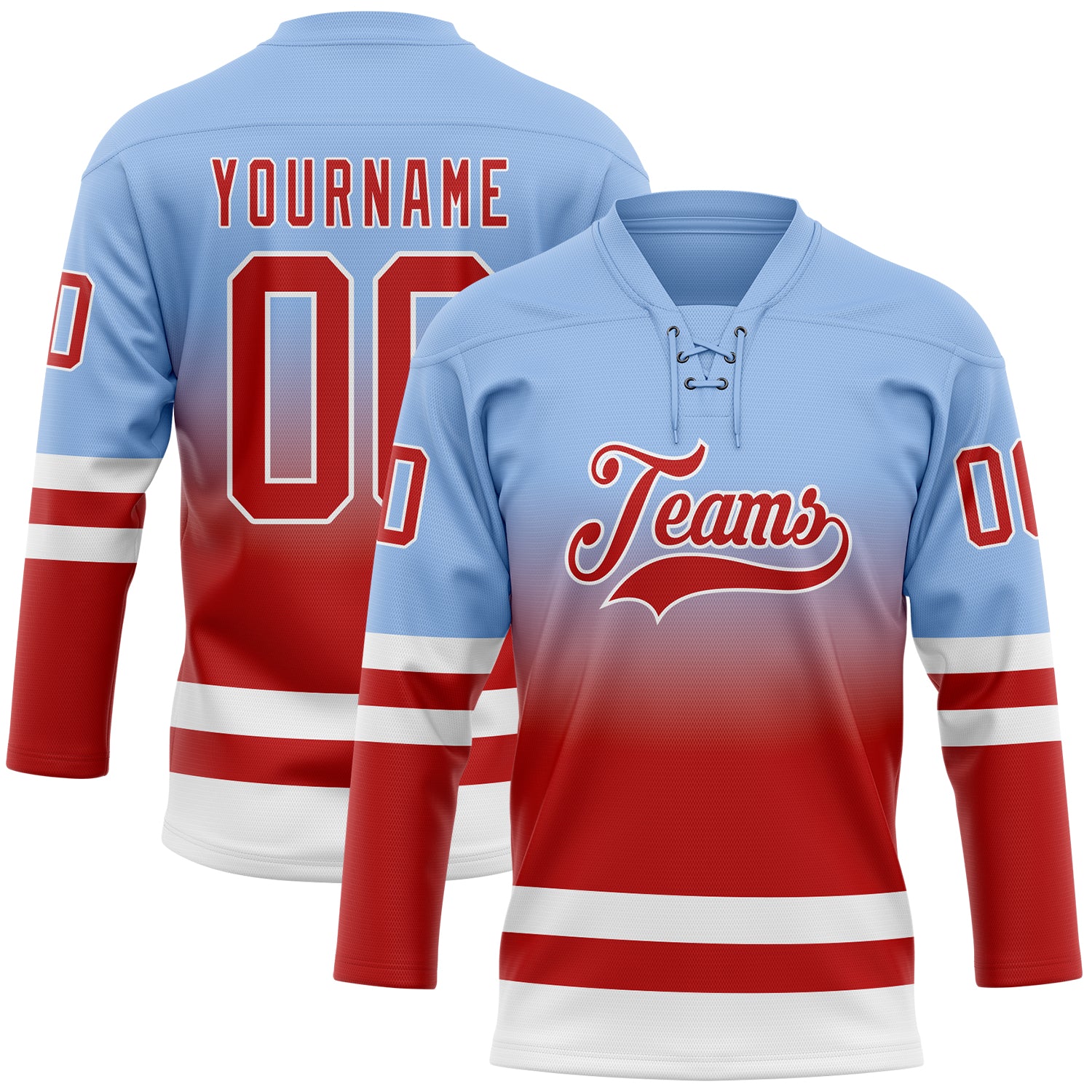 Custom Light Blue Red-White Fade Fashion Hockey Lace Neck Jersey