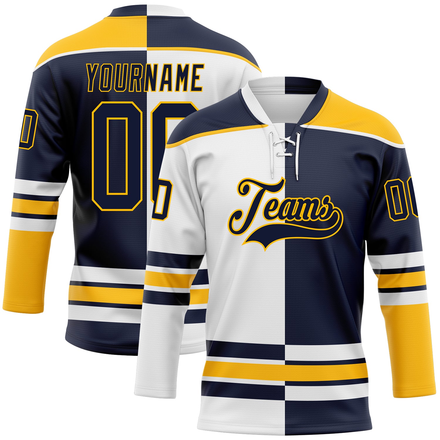 Custom Navy Gold-White Split Fashion Hockey Lace Neck Jersey