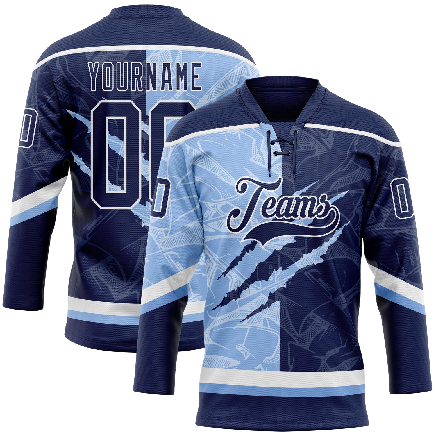 Custom Navy Light Blue-White 3D Pattern Gradient Fashion Scratch Hockey Lace Neck Jersey