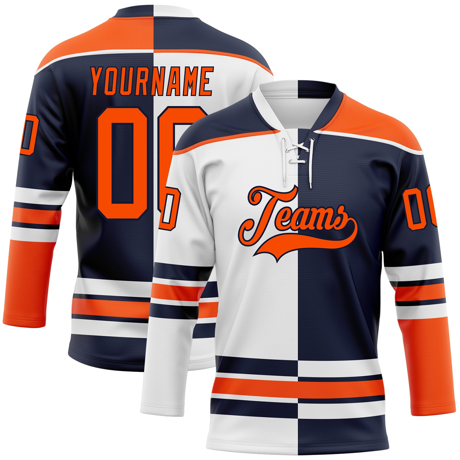 Custom Navy Orange-White Split Fashion Hockey Lace Neck Jersey