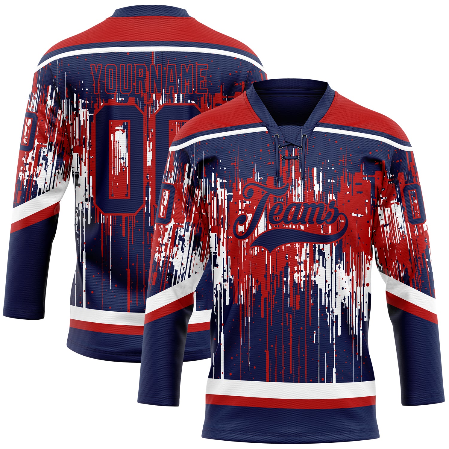 Custom Navy Red-White 3D Pattern Dripping Splatter Hockey Lace Neck Jersey
