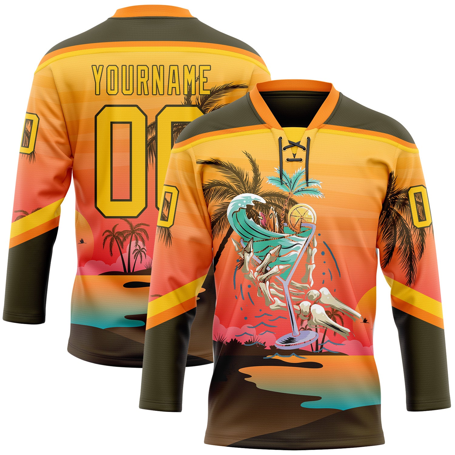 Custom Olive Yellow-Bay Orange 3D Pattern Gradient Hawaii Tropical Palm Trees Hockey Lace Neck Jersey